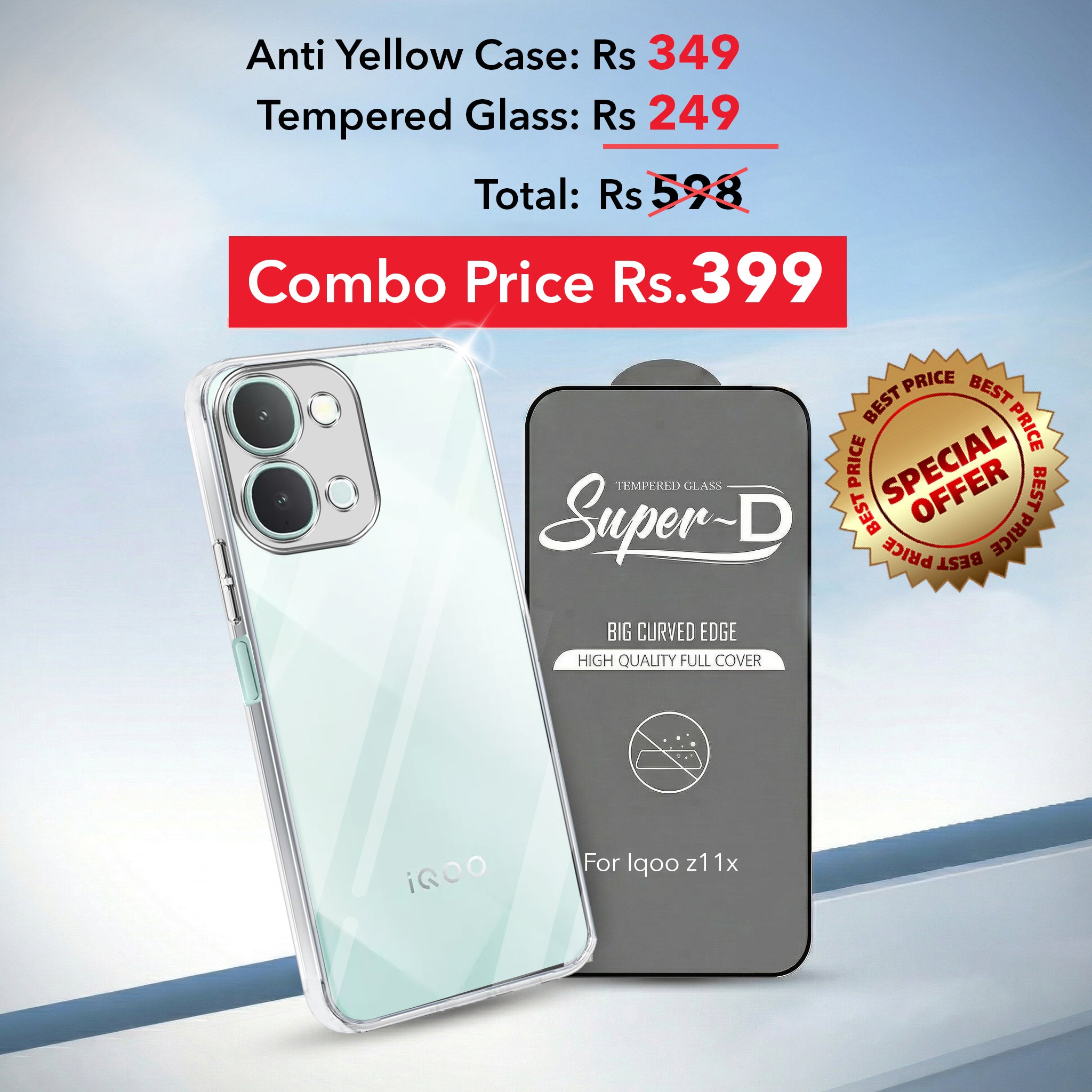 For Vivo iQOO Z11x 5G Combo with Back Cover and 9H Tempered Glass (Lifetime Anti-Yellow | Sleek Hard Crystal | Oleophobic Coating Screen Glass) (Copy)