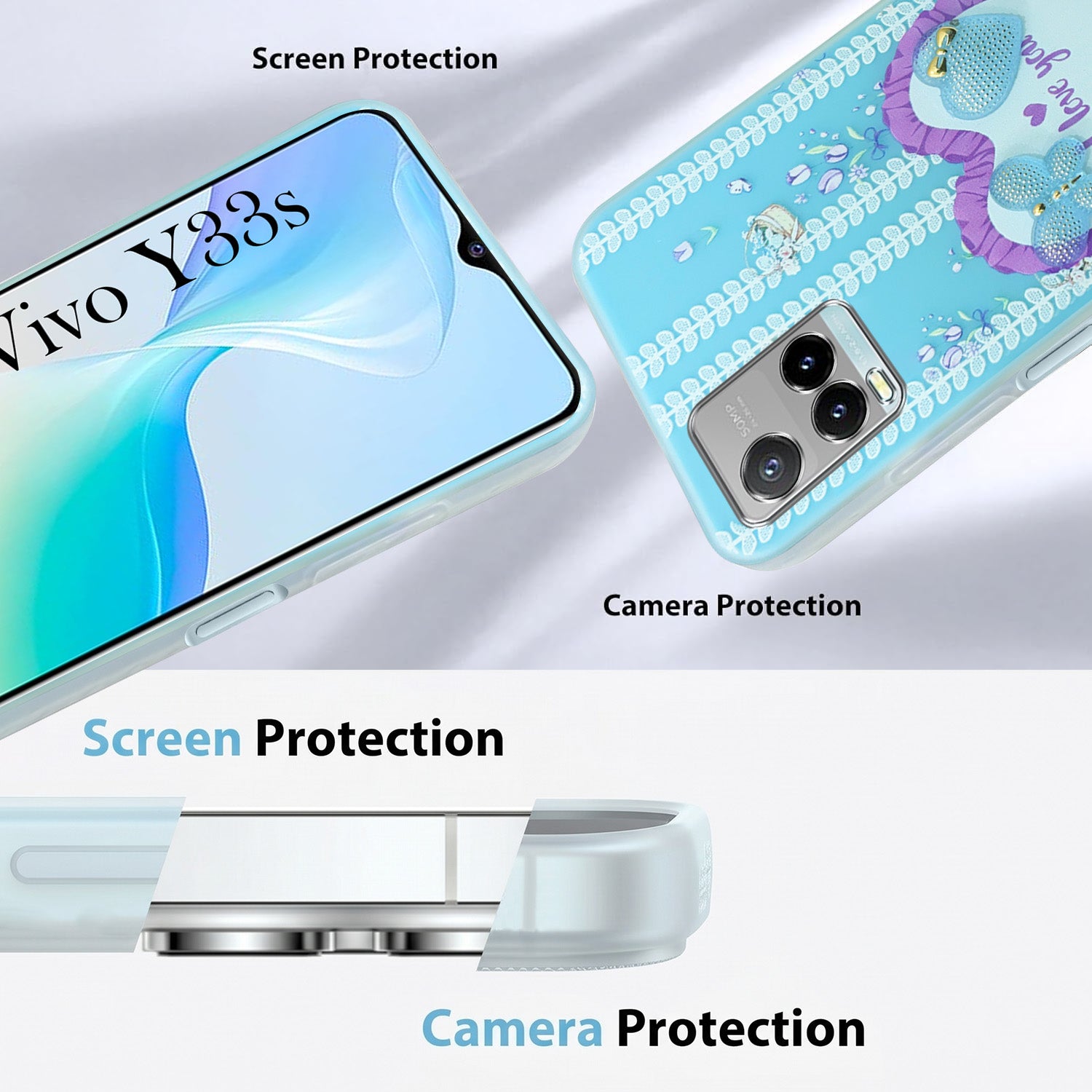 For Vivo Y33s Back Cover Case (3D Cute Heart Strap Holder | Camera Protection | Designer Girls Print)