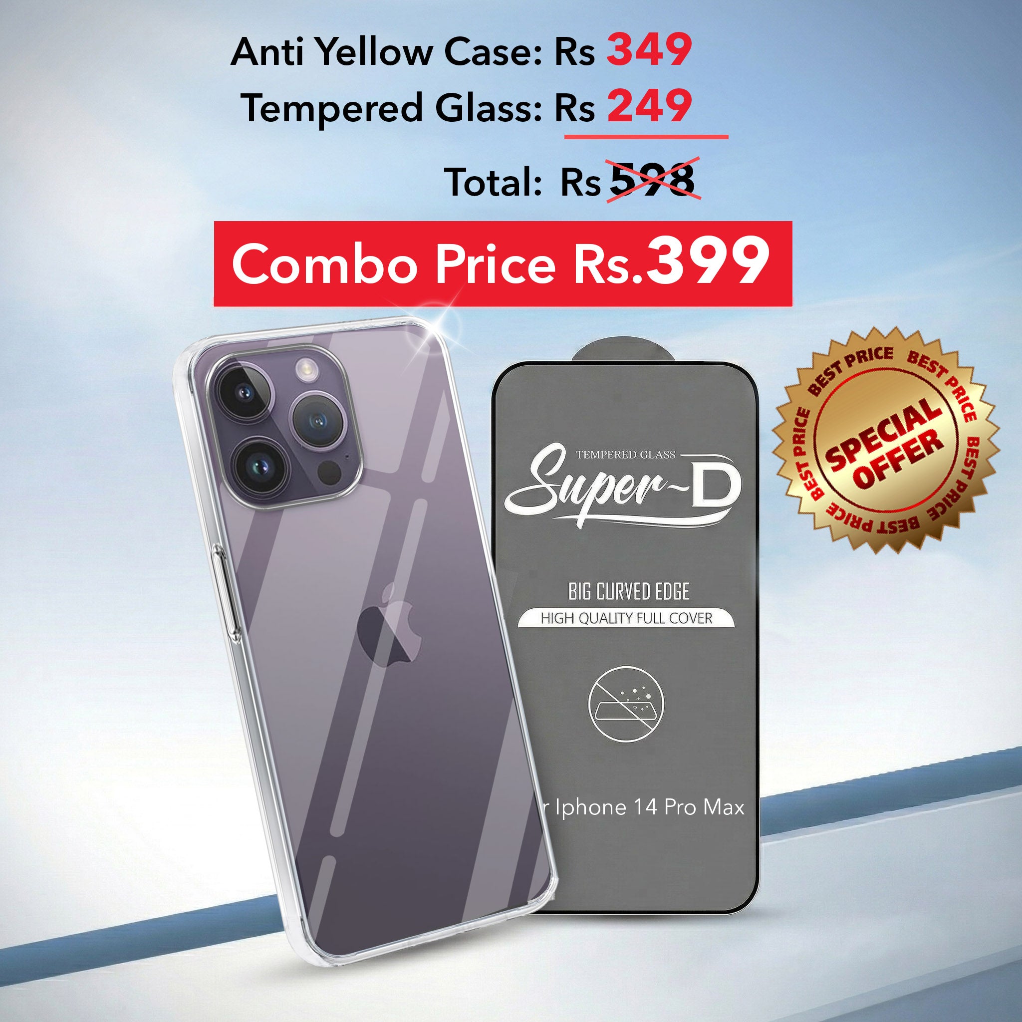 For Apple iPhone 14 Pro Max Combo with Back Cover and 9H Tempered Glass (Lifetime Anti-Yellow | Sleek Hard Crystal | Oleophobic Coating Screen Glass)