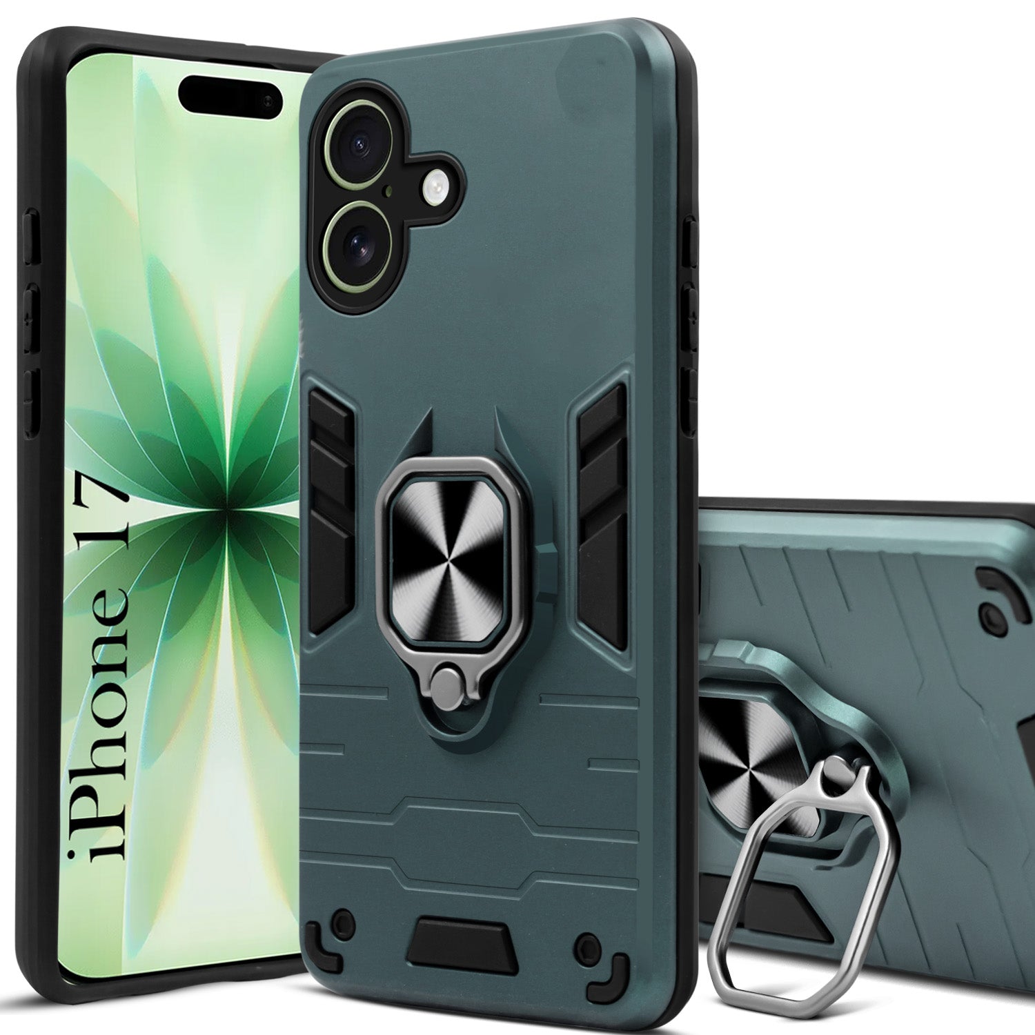 For Apple iPhone 17 Back Cover Case (Shockproof Dual Layer Polycarbonate |Ring Holder Kickstand)