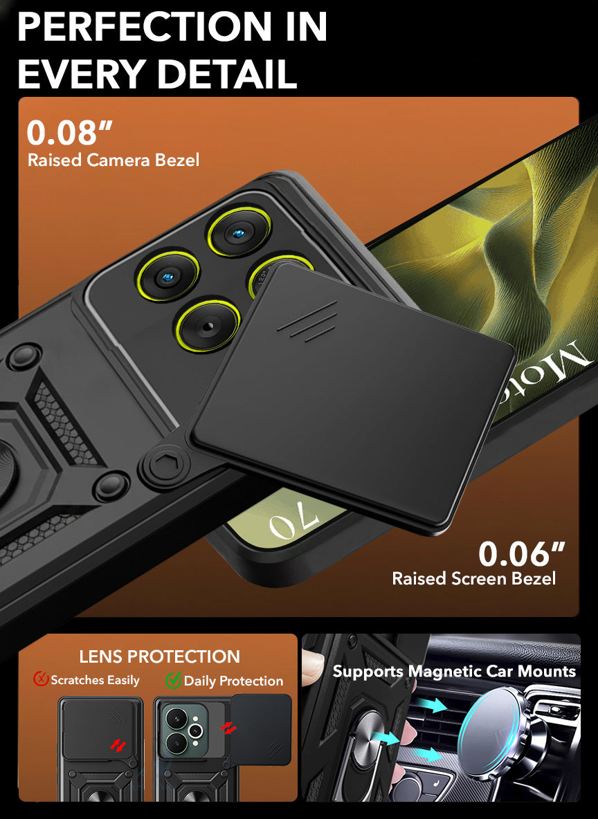 For Motorola Moto Edge 70 Back Cover Case Hybrid Armor (Sliding Shutter Camera Protection | Polycarbonate |Ring Holder Kickstand)