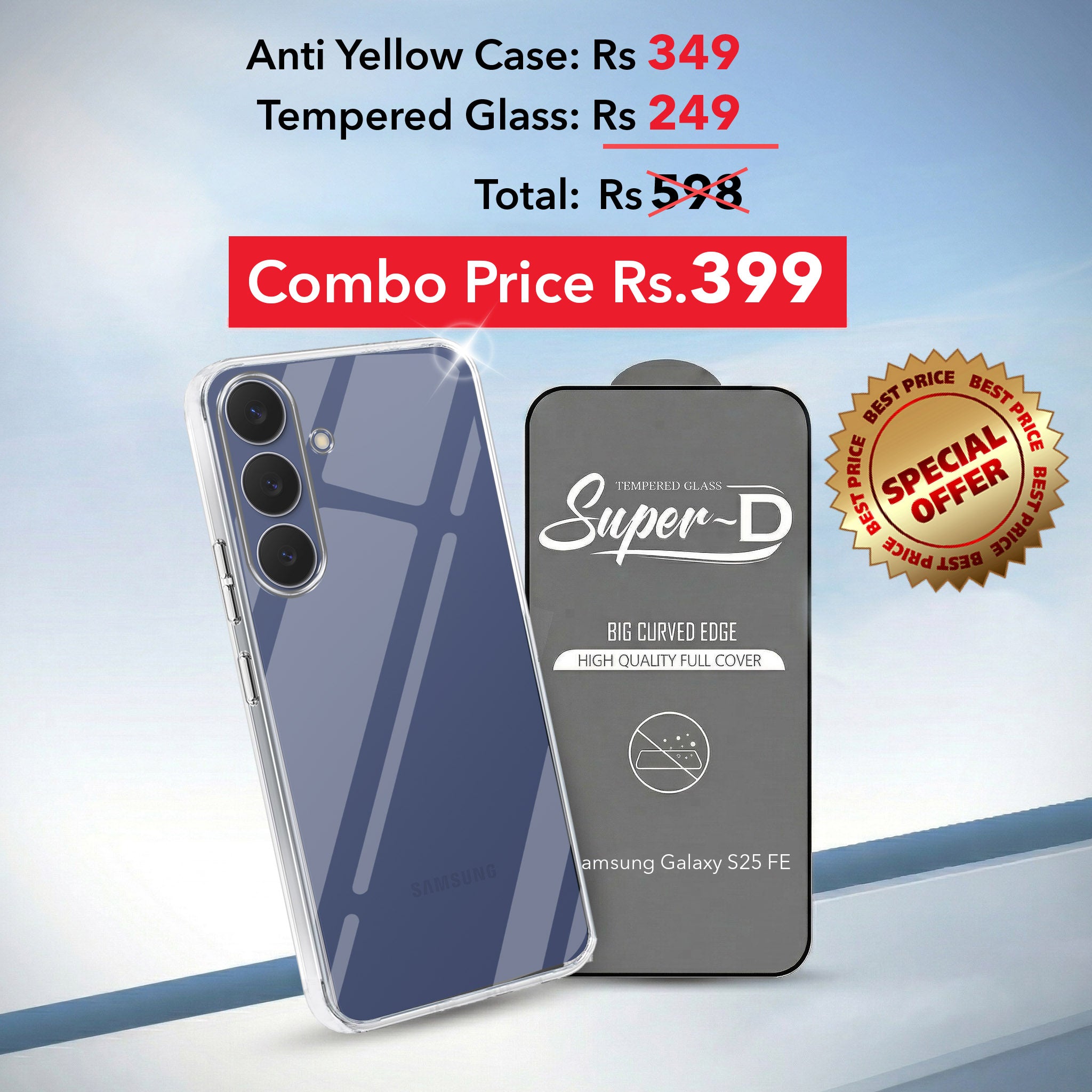 For Samsung Galaxy S25 FE Combo with Back Cover and 9H Tempered Glass (Lifetime Anti-Yellow | Sleek Hard Crystal | Oleophobic Coating Screen Glass)