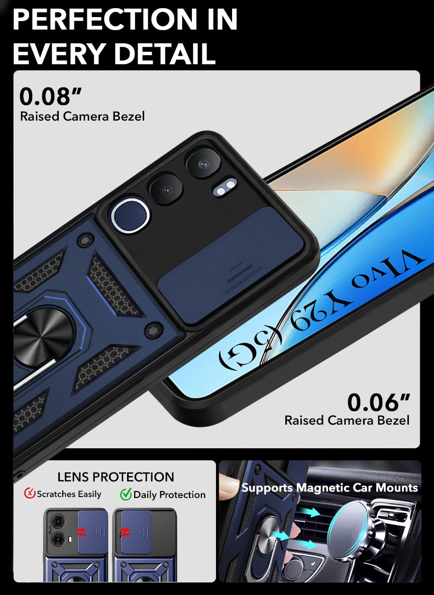 For Vivo Y29 Back Cover Case Hybrid Armor (Sliding Shutter Camera Protection | Polycarbonate |Ring Holder Kickstand)