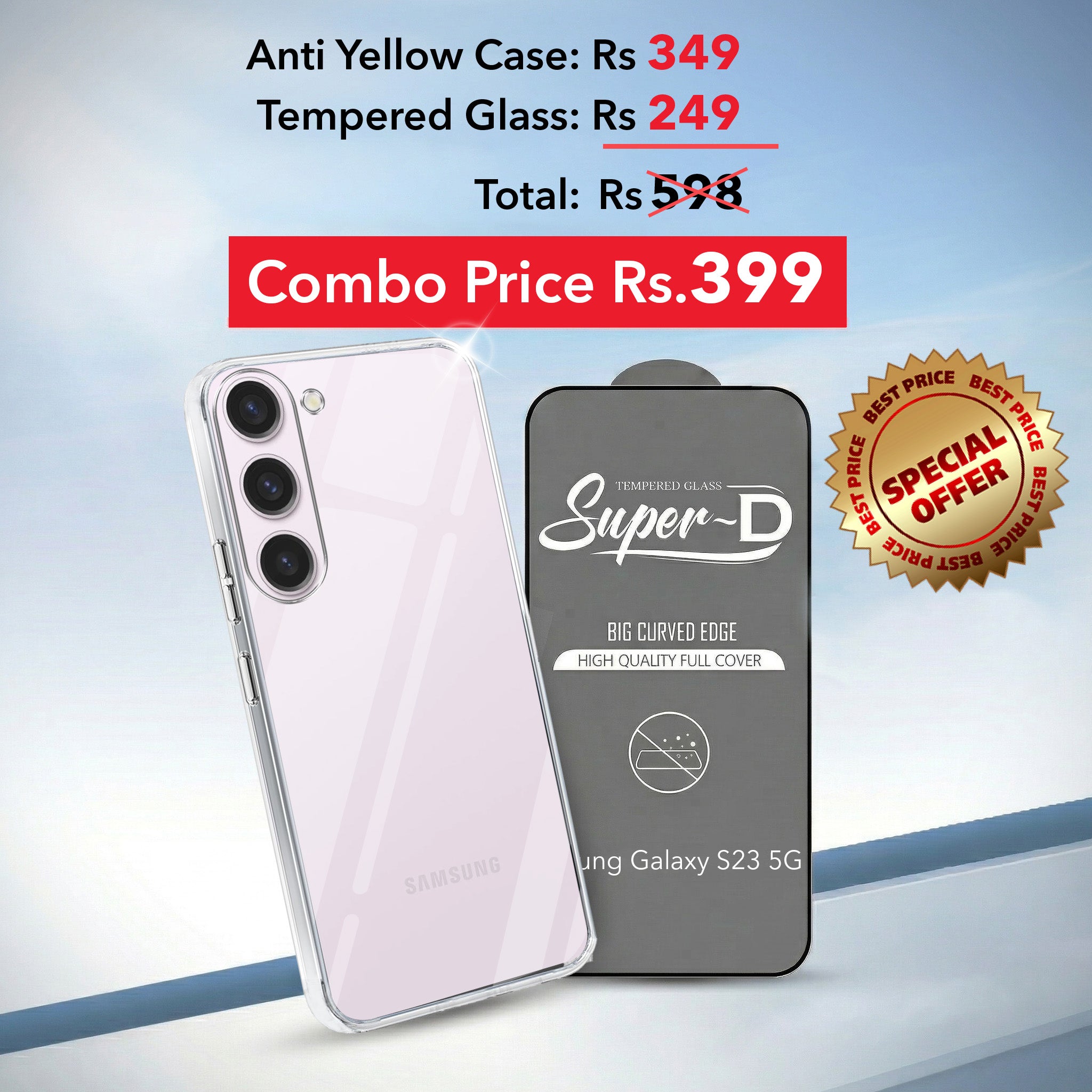 For Samsung Galaxy S23 5G Combo with Back Cover and 9H Tempered Glass (Lifetime Anti-Yellow | Sleek Hard Crystal | Oleophobic Coating Screen Glass)
