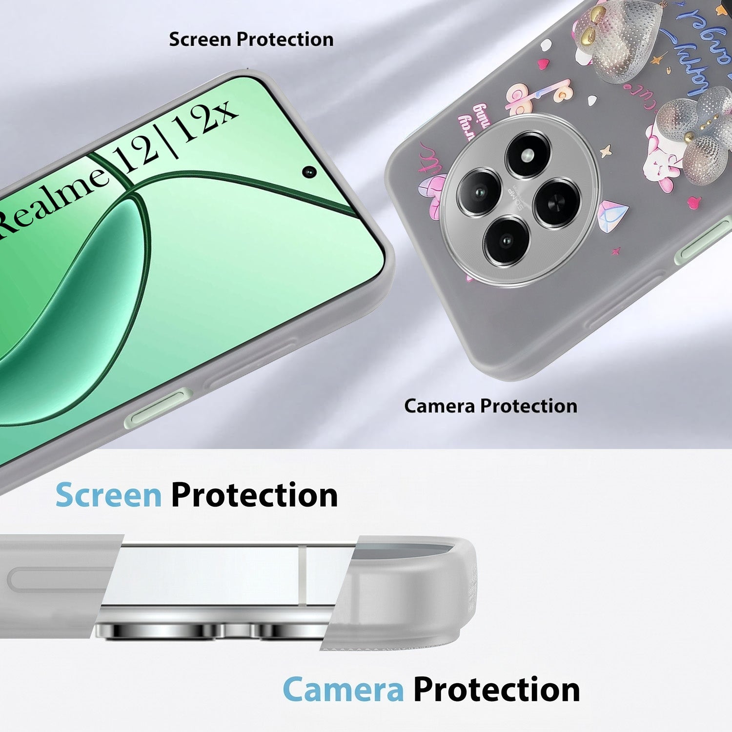 For Realme 12 | Realme 12X Back Cover Case (3D Cute Heart Strap Holder | Camera Protection | Designer Girls Print)