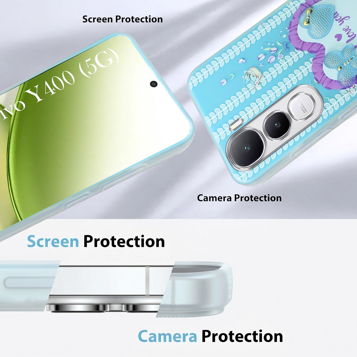 For Vivo Y400 Back Cover Case (3D Cute Heart Strap Holder | Camera Protection | Designer Girls Print)