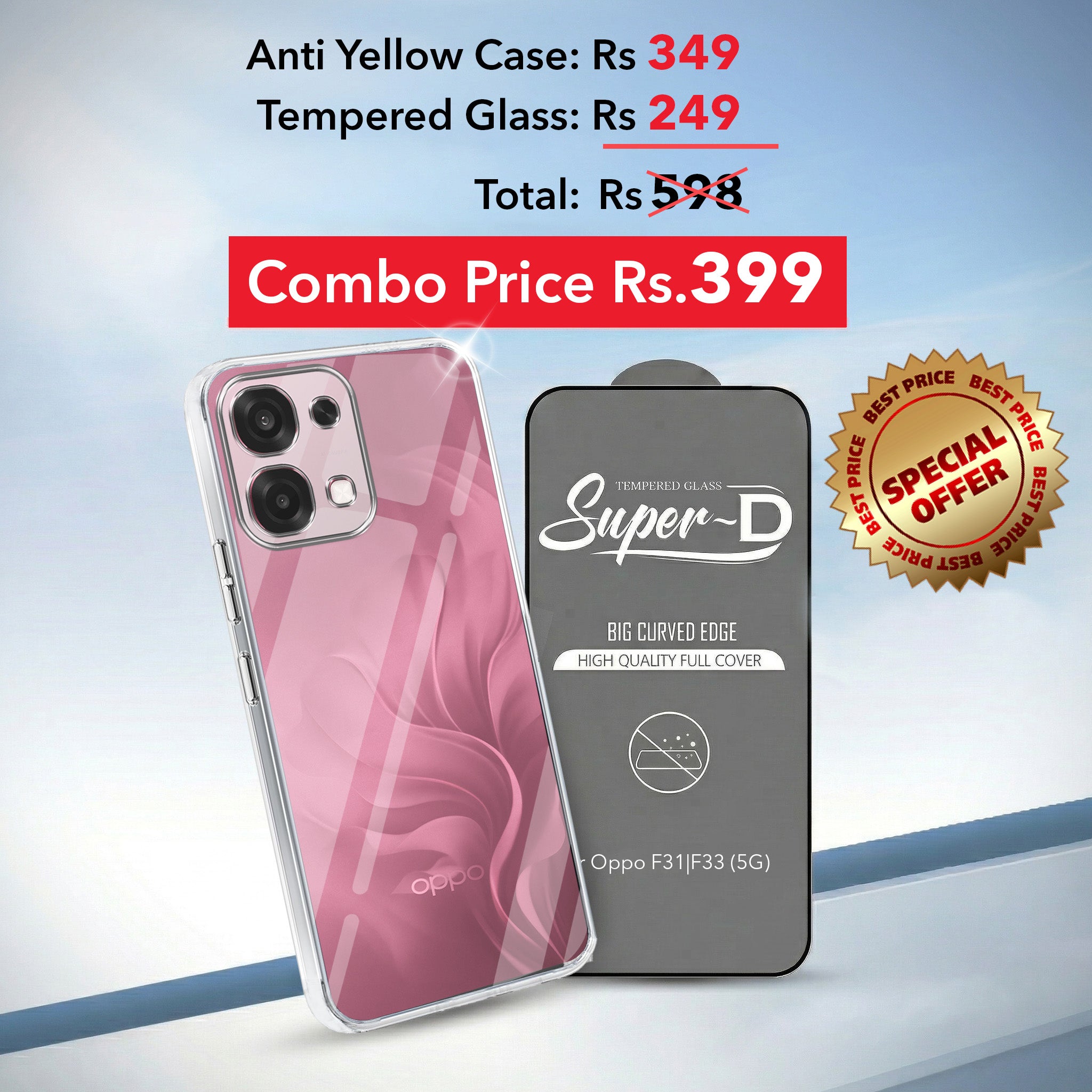 For Oppo F31 5G | Oppo F33 5G Combo with Back Cover and 9H Tempered Glass (Lifetime Anti-Yellow | Sleek Hard Crystal | Oleophobic Coating Screen Glass)