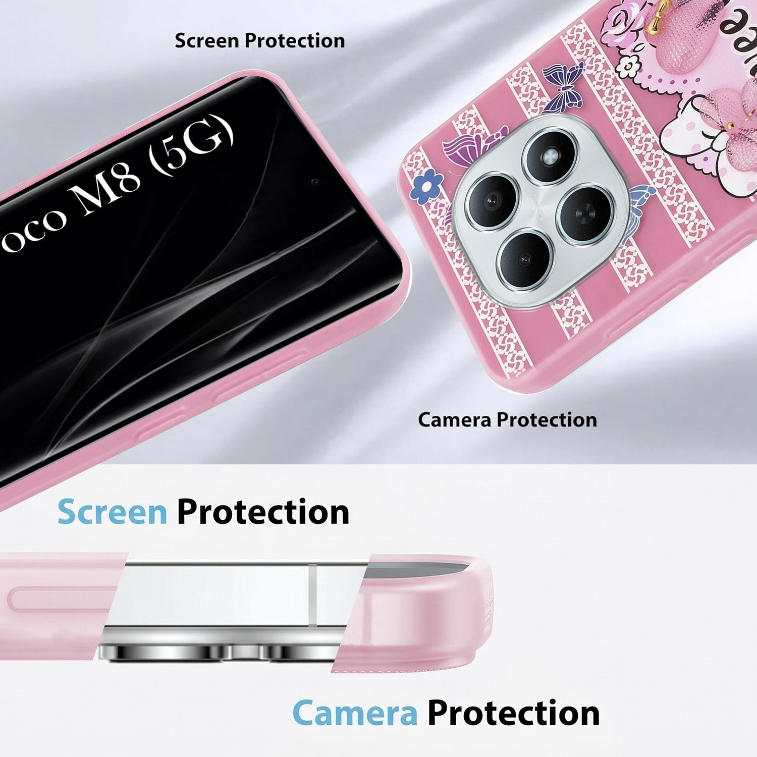 For Poco M8 5G Back Cover Case (3D Cute Heart Strap Holder | Camera Protection | Designer Girls Print)
