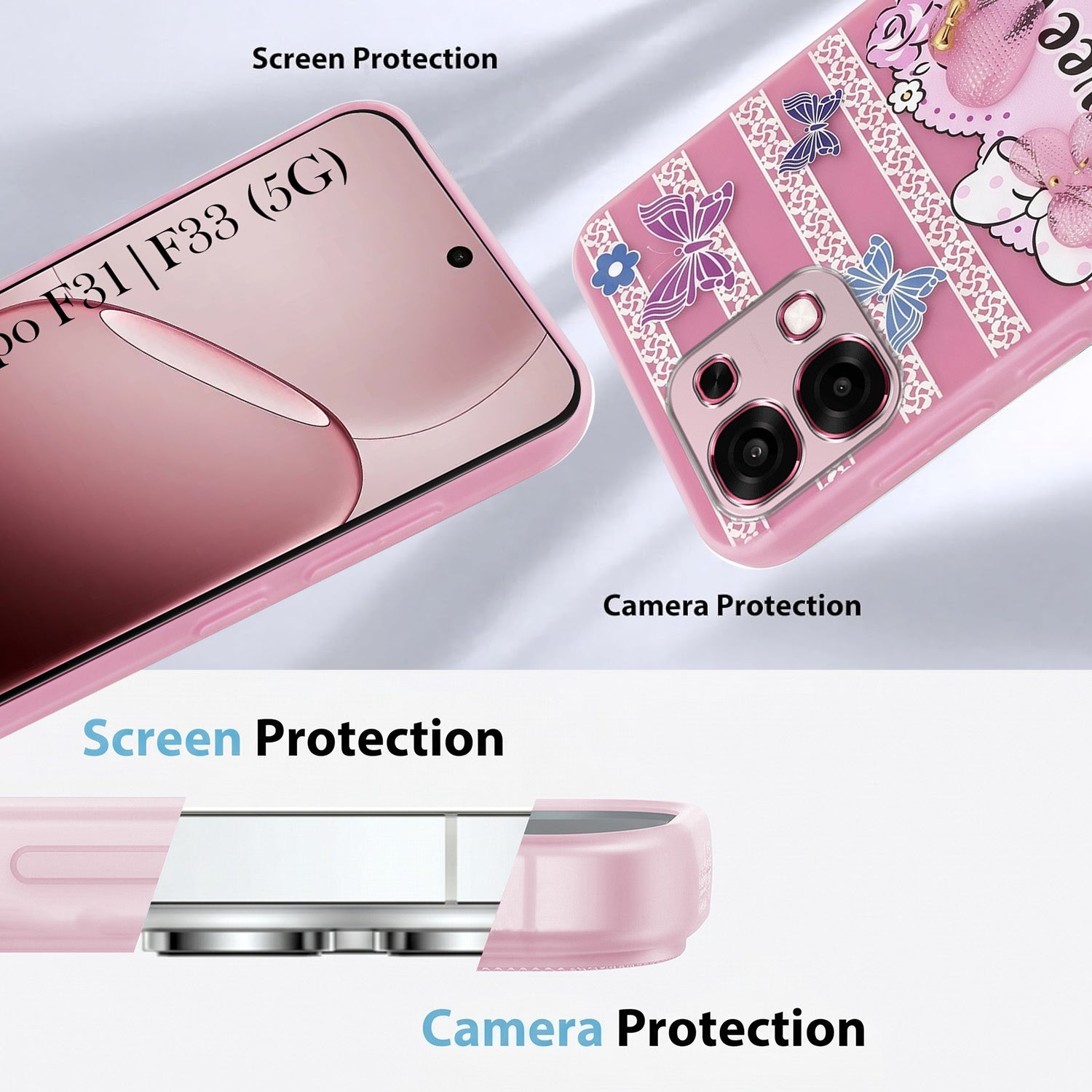 For Oppo F31 5G | Oppo F33 5G Back Cover Case (3D Cute Heart Strap Holder | Camera Protection | Designer Girls Print)