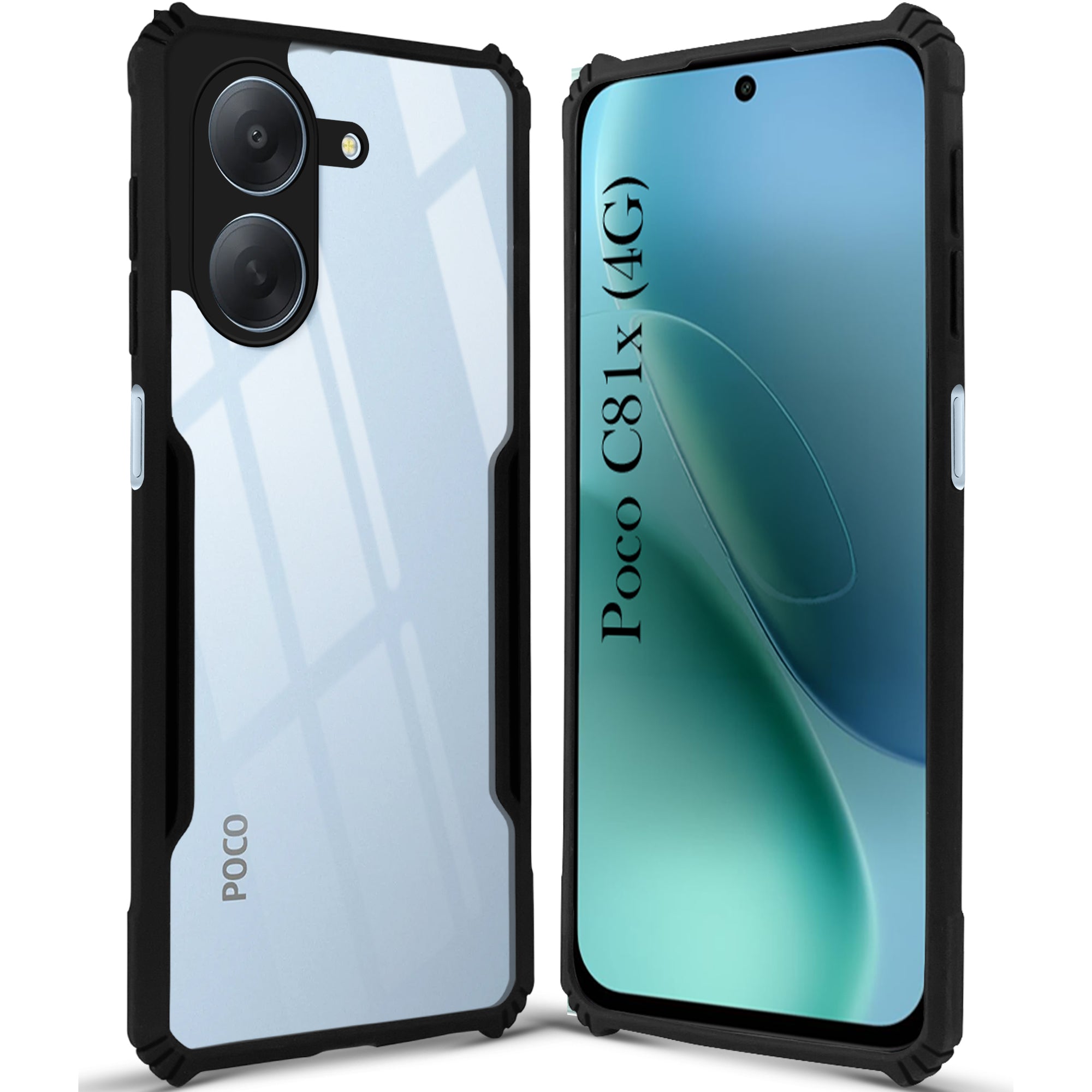 For Poco C81x Back Cover Case Hybrid (Shockproof with Polycarbonate Clear Panel | Professional Black)