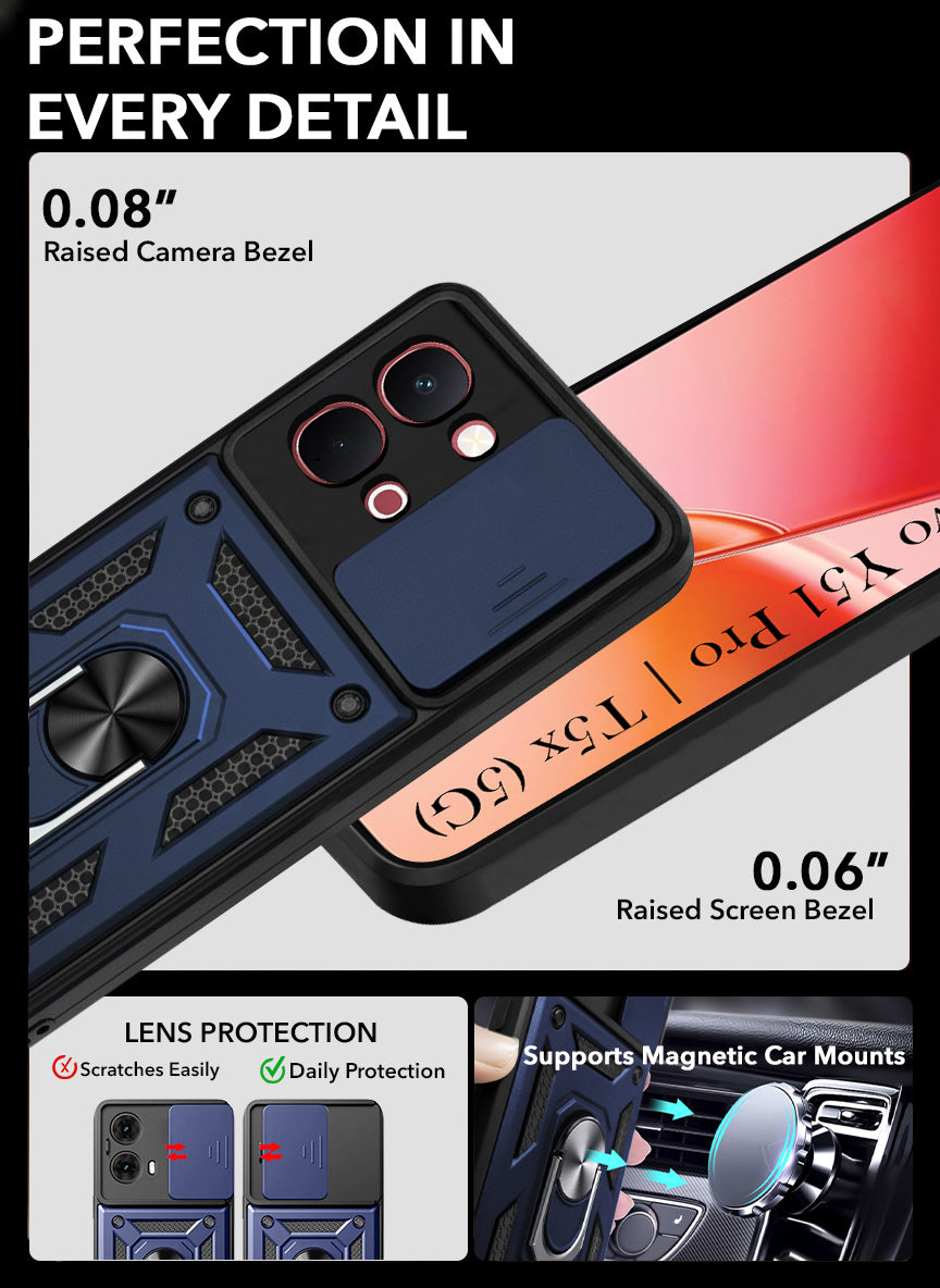 For Vivo Y51 Pro 5G | Vivo T5x Back Cover Case Hybrid Armor (Sliding Shutter Camera Protection | Polycarbonate |Ring Holder Kickstand)