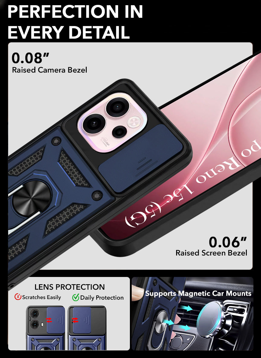 For Oppo Reno 15c Back Cover Case Hybrid Armor (Sliding Shutter Camera Protection | Polycarbonate |Ring Holder Kickstand)