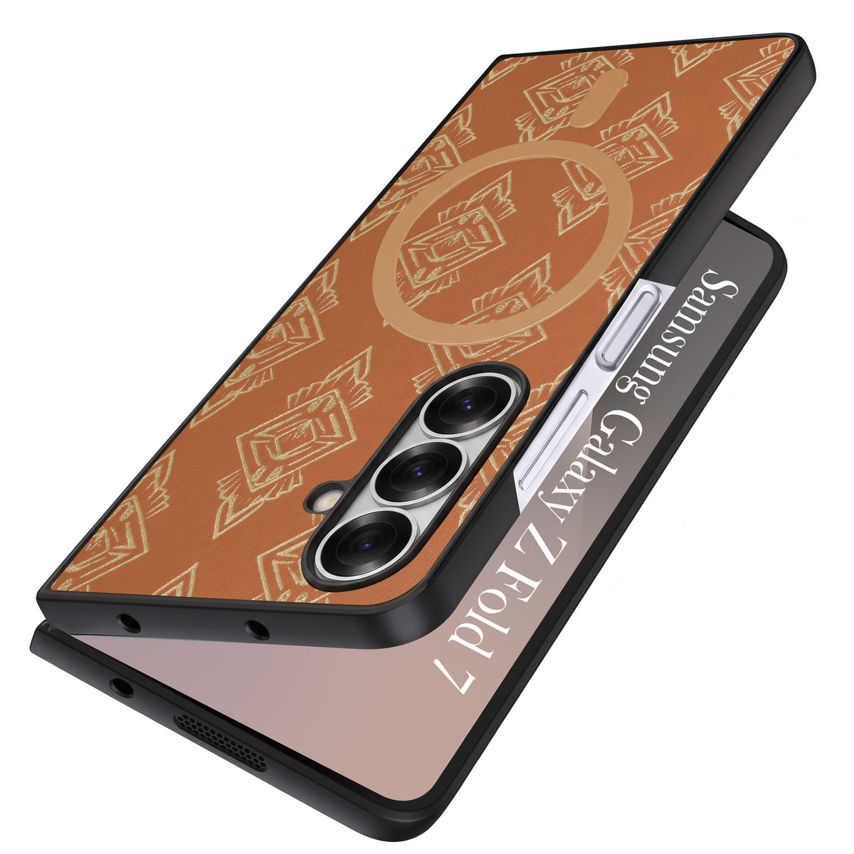 For Samsung Galaxy Z Fold 7 Back Cover Case Premium Magnetic (MagSafe Compatible | 180° Folding Design | Geometric Gold Pattern | Soft Microfiber Inner Lining)