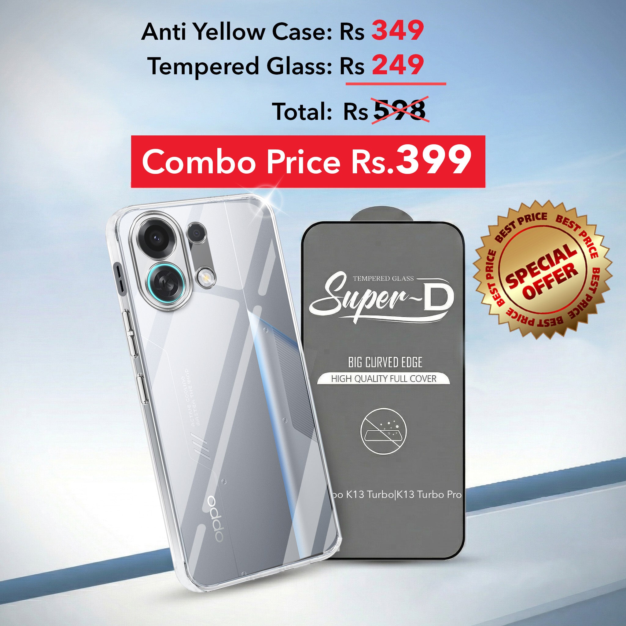 For Oppo K13 Turbo | Oppo K13 Turbo Pro Combo with Back Cover and 9H Tempered Glass (Lifetime Anti-Yellow | Sleek Hard Crystal | Oleophobic Coating Screen Glass)