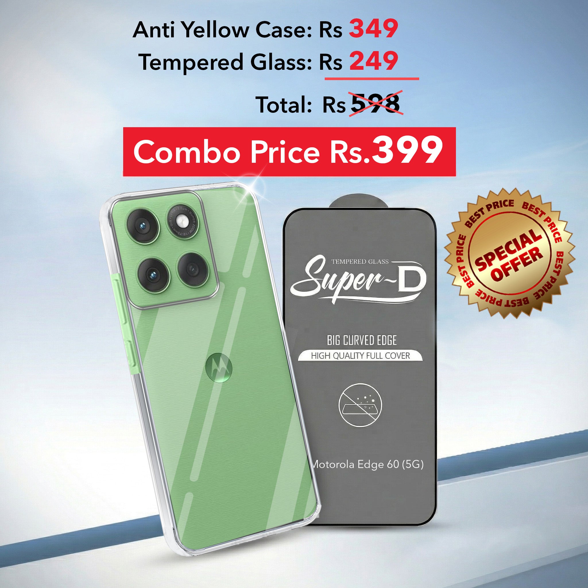For Motorola Moto Edge 60 Combo with Back Cover and 9H Tempered Glass (Lifetime Anti-Yellow | Sleek Hard Crystal | Oleophobic Coating Screen Glass)
