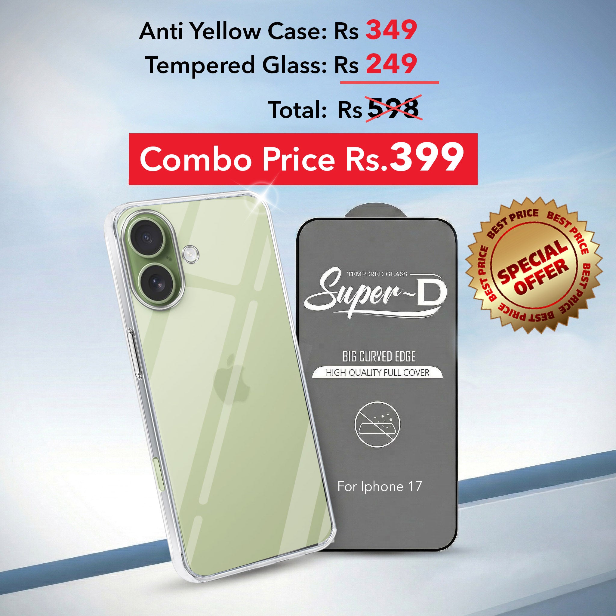 For Apple iPhone 17 Combo with Back Cover and 9H Tempered Glass (Lifetime Anti-Yellow | Sleek Hard Crystal | Oleophobic Coating Screen Glass)