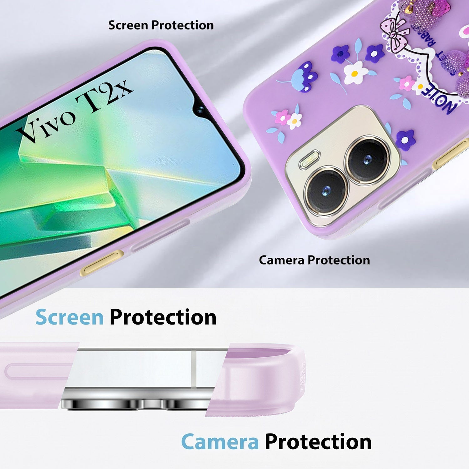 For Vivo T2x Back Cover Case (3D Cute Heart Strap Holder | Camera Protection | Designer Girls Print)