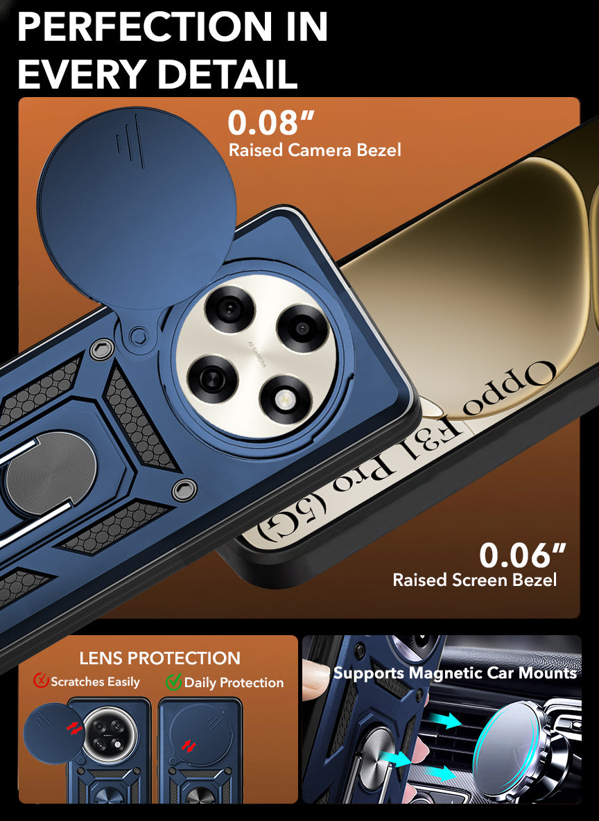 For Oppo F31 Pro Hybrid Armor Back Cover Case (Sliding Shutter Camera Protection | Polycarbonate |Ring Holder Kickstand)