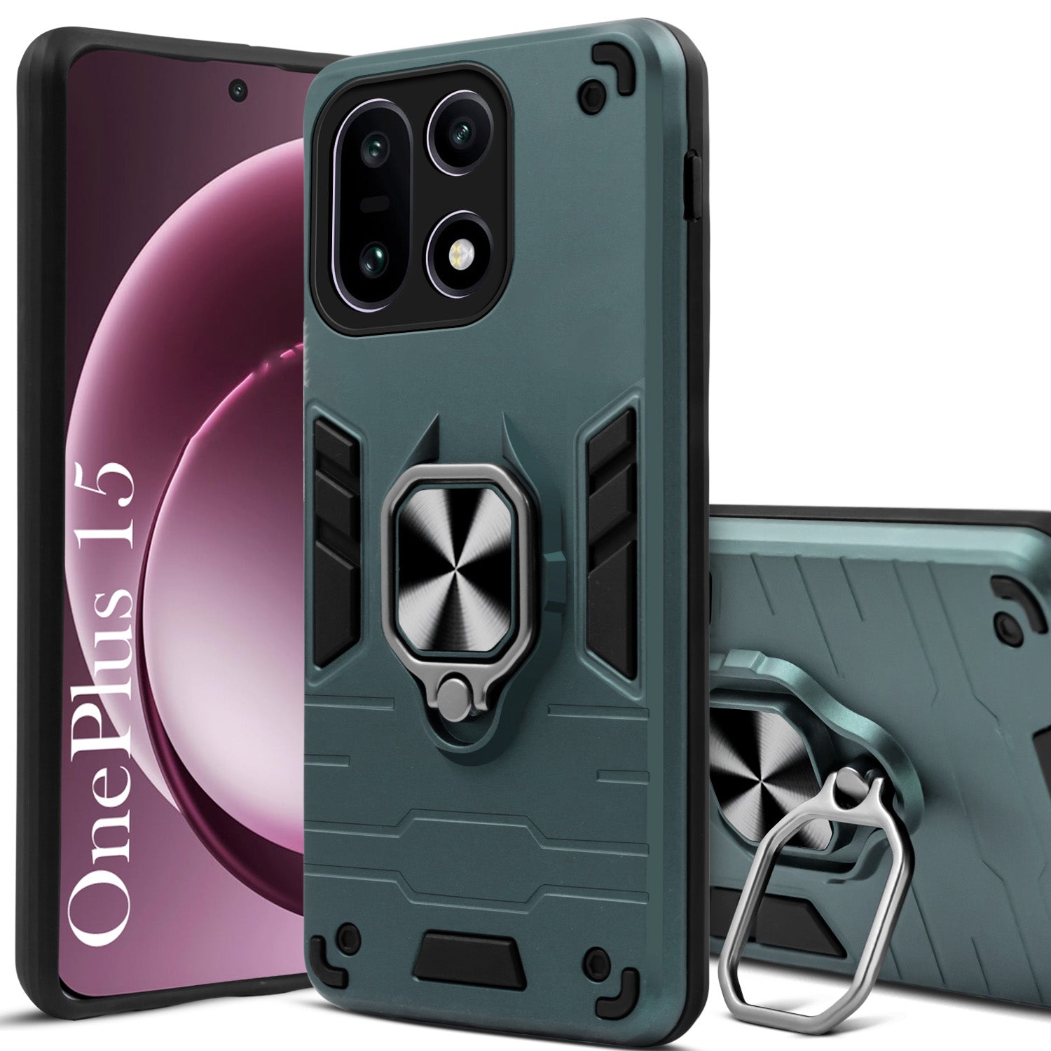For OnePlus 15 5G Back Cover Case Hybrid Armor (Shockproof Dual Layer Polycarbonate |Ring Holder Kickstand)