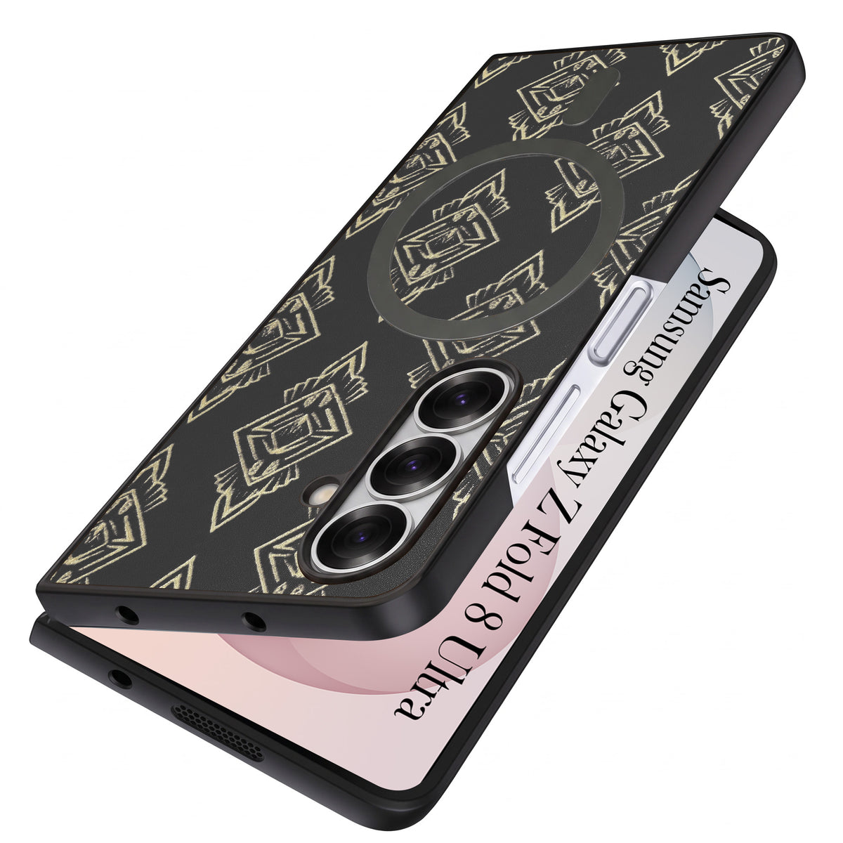 For Samsung Galaxy Z Fold 8 Ultra Back Cover Case Premium Magnetic (MagSafe Compatible | 180° Folding Design | Geometric Gold Pattern | Soft Microfiber Inner Lining)