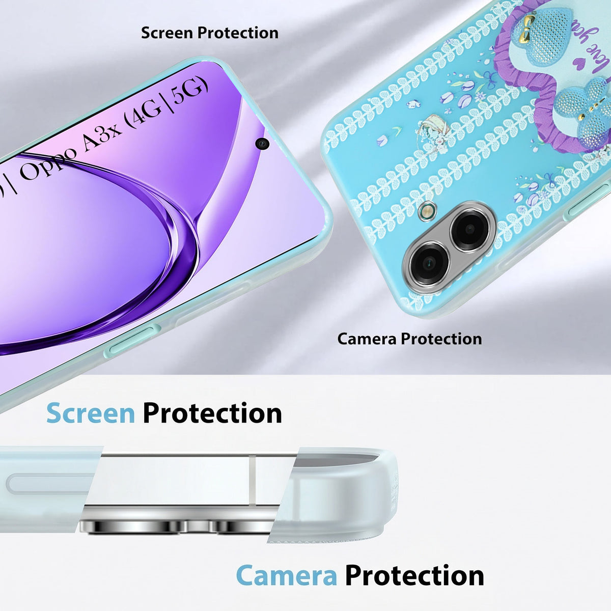 For Oppo A3X (4G/5G) | Oppo A3 5G Back Cover Case (3D Cute Heart Strap Holder | Camera Protection | Designer Girls Print)