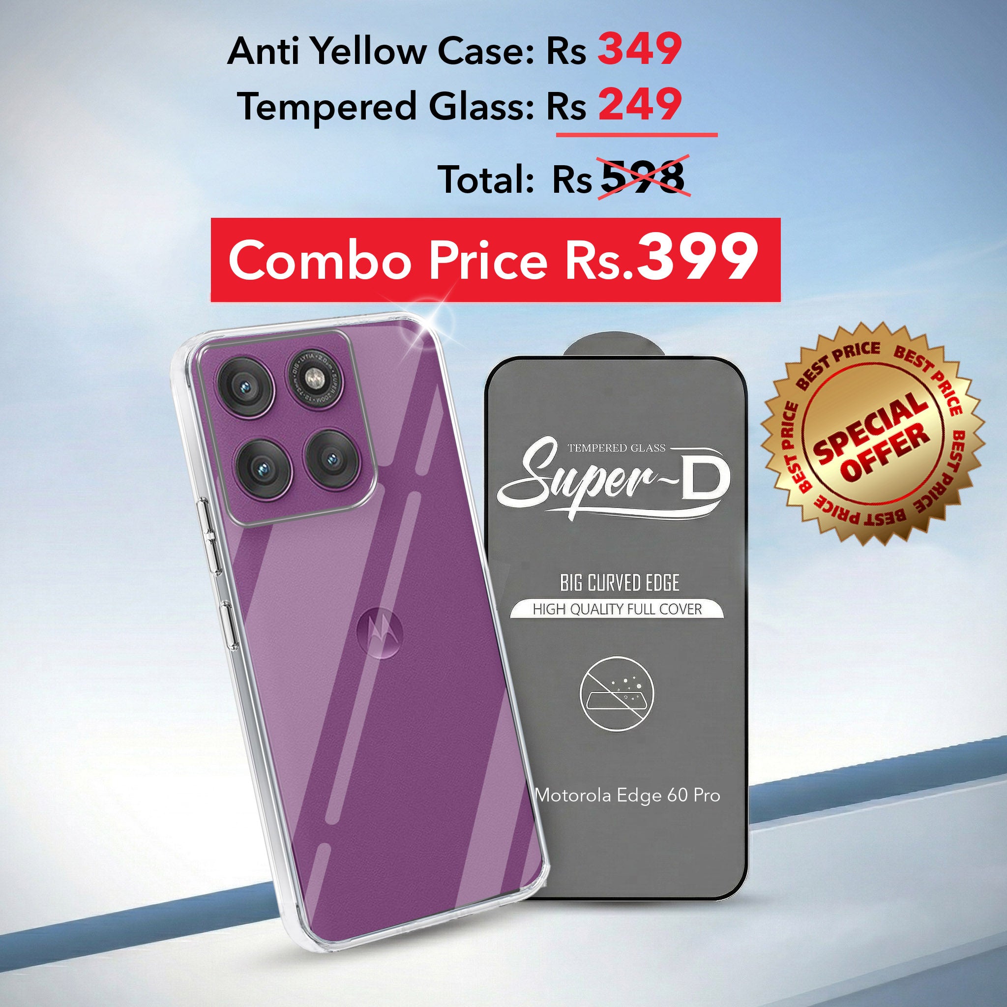For Motorola Moto Edge 60 Pro Combo with Back Cover and 9H Tempered Glass (Lifetime Anti-Yellow | Sleek Hard Crystal | Oleophobic Coating Screen Glass)