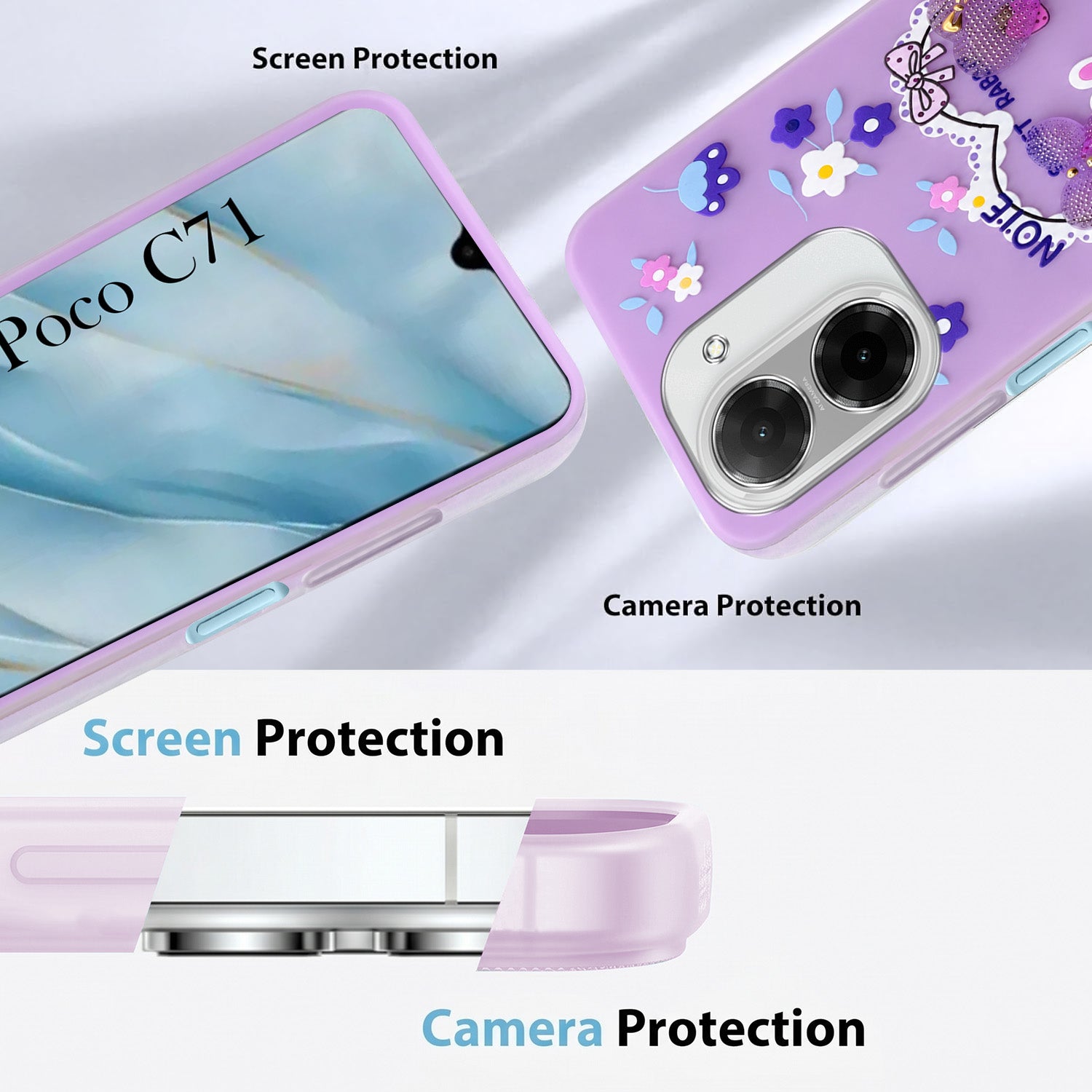 For Poco C71 Back Cover Case (3D Cute Heart Strap Holder | Camera Protection | Designer Girls Print)