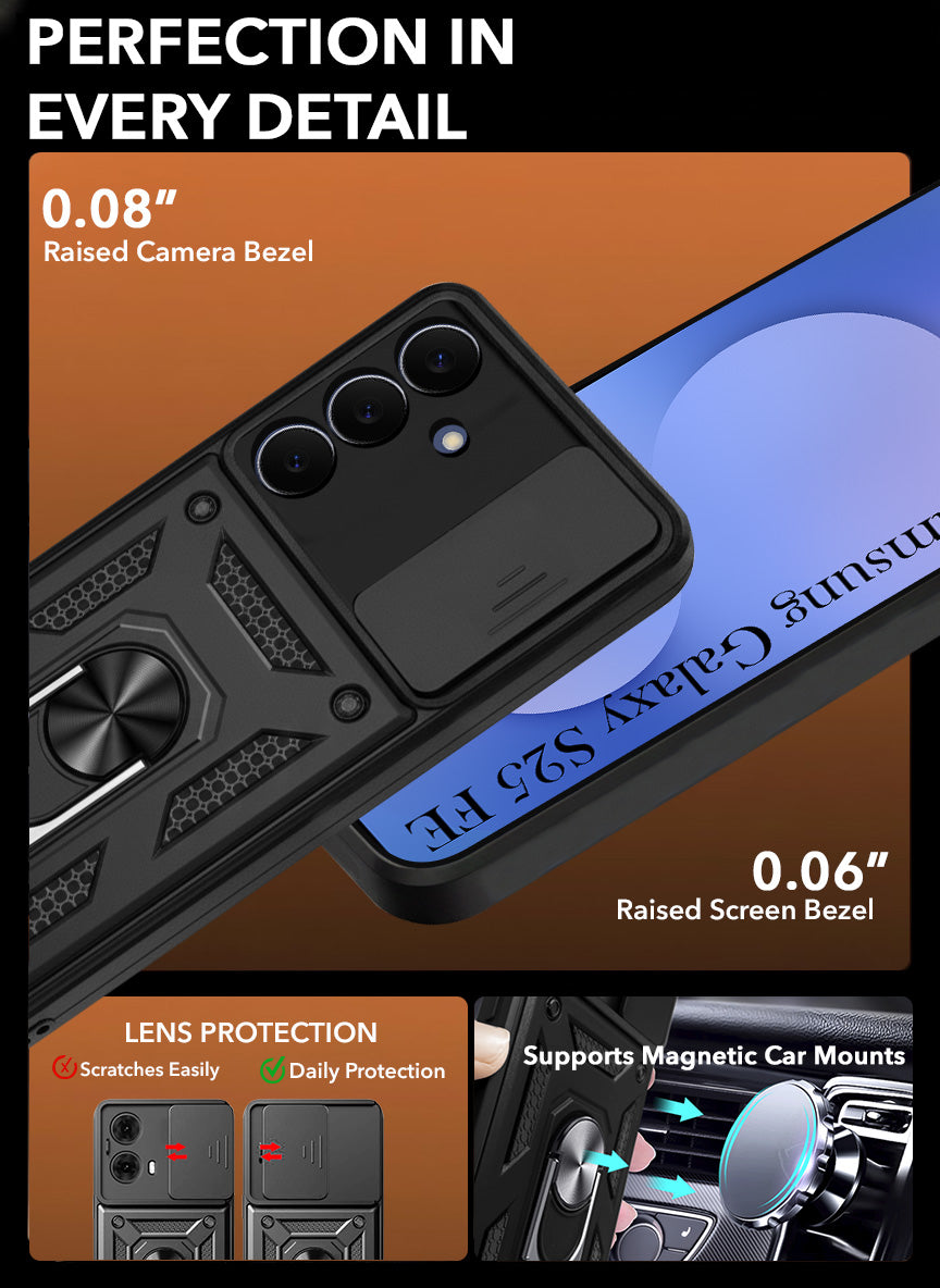 For Samsung Galaxy S25 FE Back Cover Case Hybrid Armor (Sliding Shutter Camera Protection | Polycarbonate |Ring Holder Kickstand)