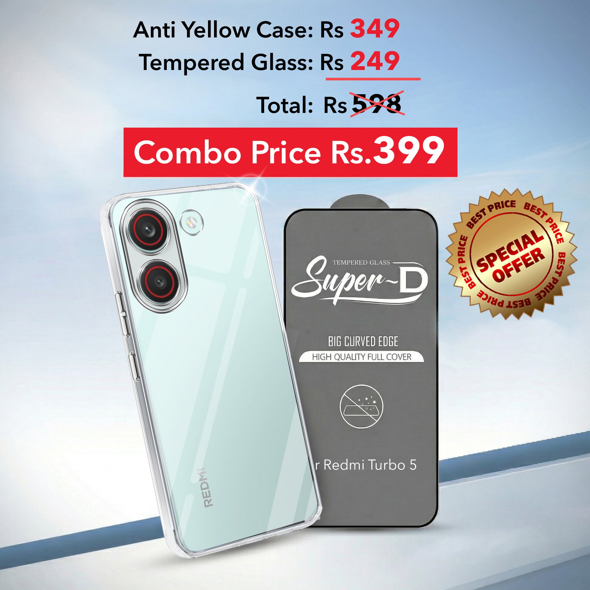 For Redmi Turbo 5 Combo with Back Cover and 9H Tempered Glass (Lifetime Anti-Yellow | Sleek Hard Crystal | Oleophobic Coating Screen Glass)