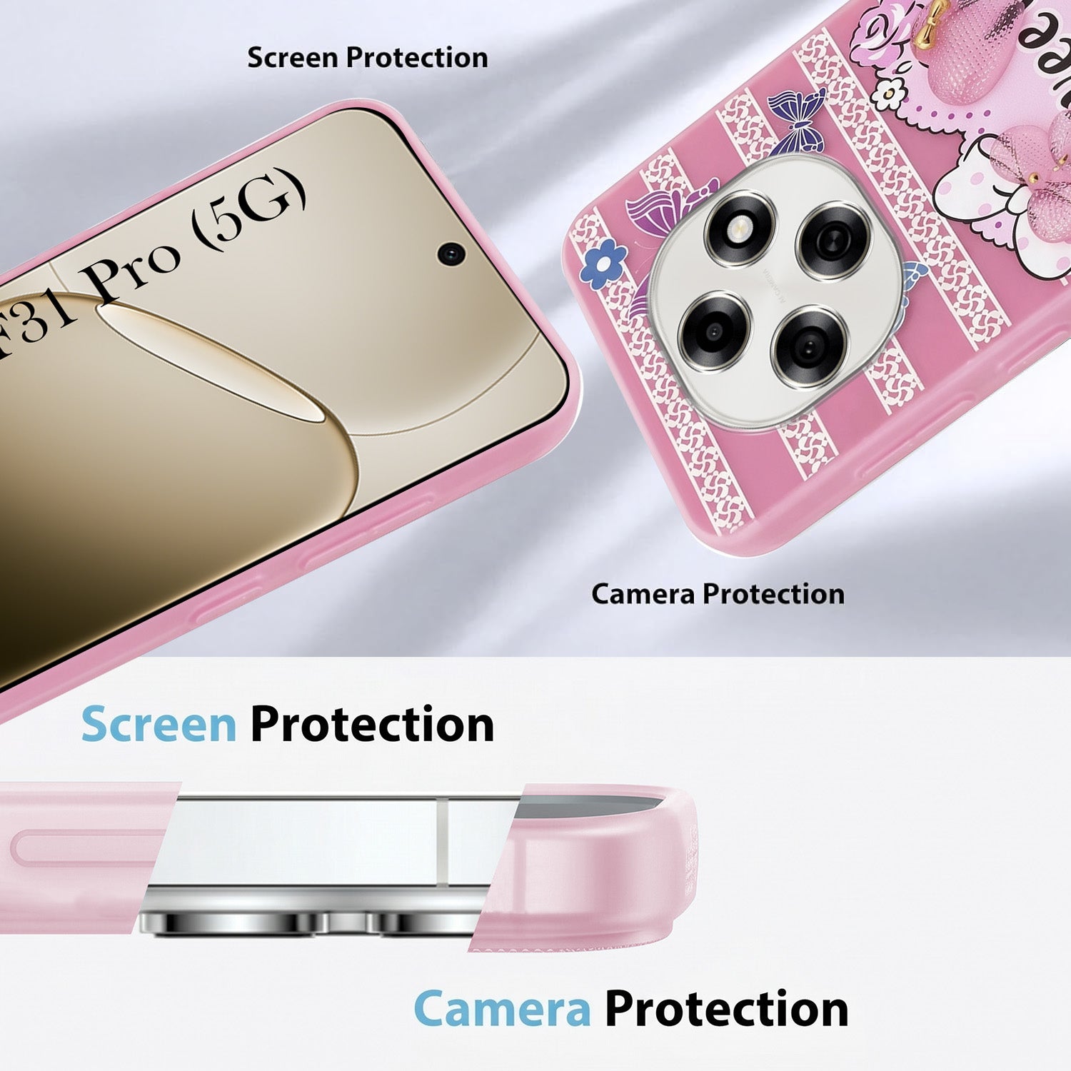 For Oppo F31 Pro Back Cover Case (3D Cute Heart Strap Holder | Camera Protection | Designer Girls Print)