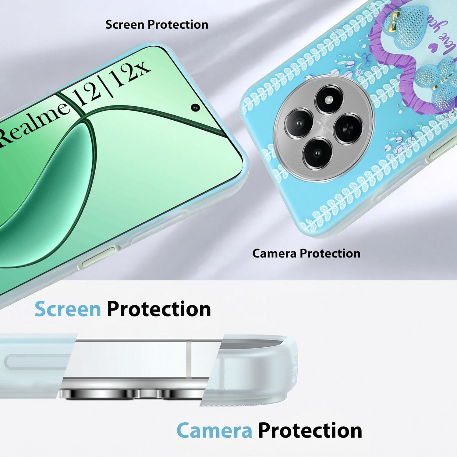 For Realme 12 | Realme 12X Back Cover Case (3D Cute Heart Strap Holder | Camera Protection | Designer Girls Print)