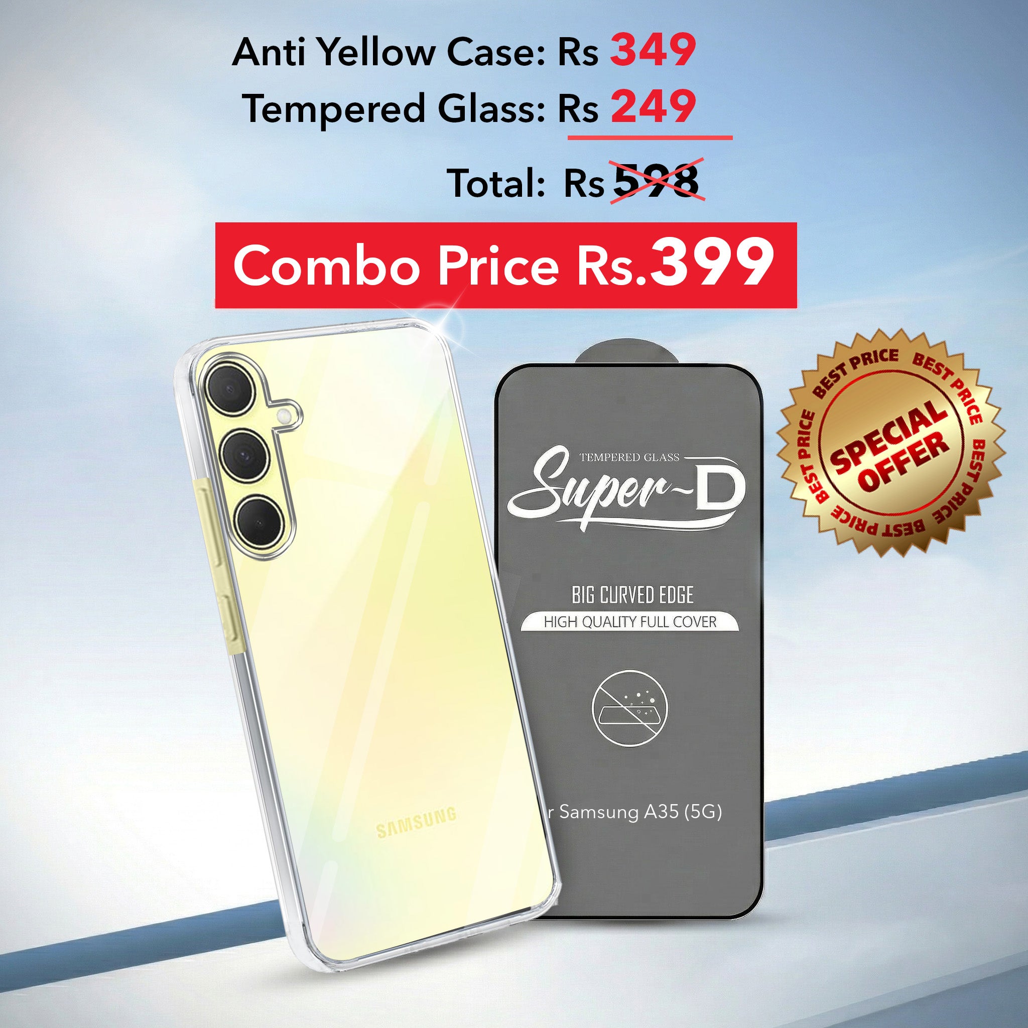 For Samsung Galaxy A35 5G Combo with Back Cover and 9H Tempered Glass (Lifetime Anti-Yellow | Sleek Hard Crystal | Oleophobic Coating Screen Glass)