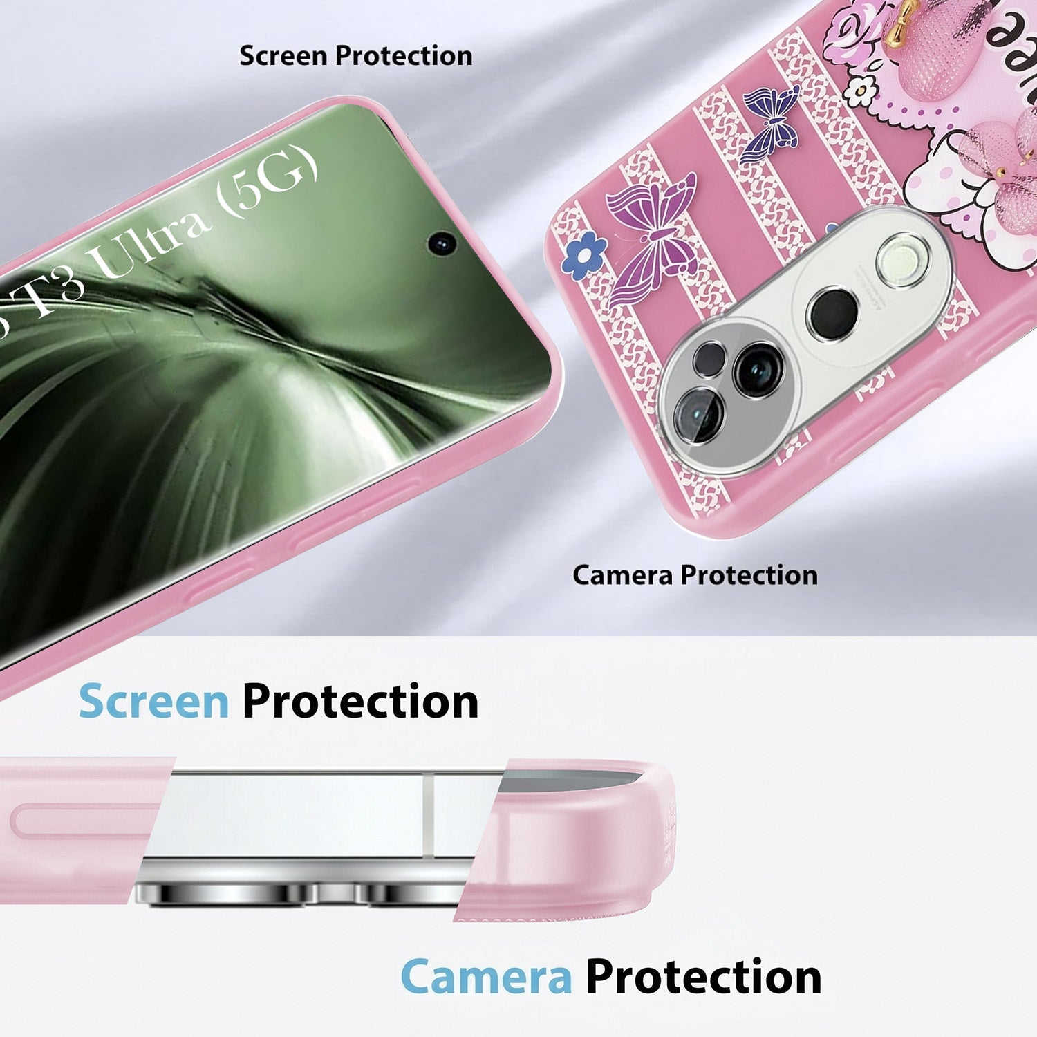 For Vivo T3 Ultra Back Cover Case (3D Cute Heart Strap Holder | Camera Protection | Designer Girls Print)