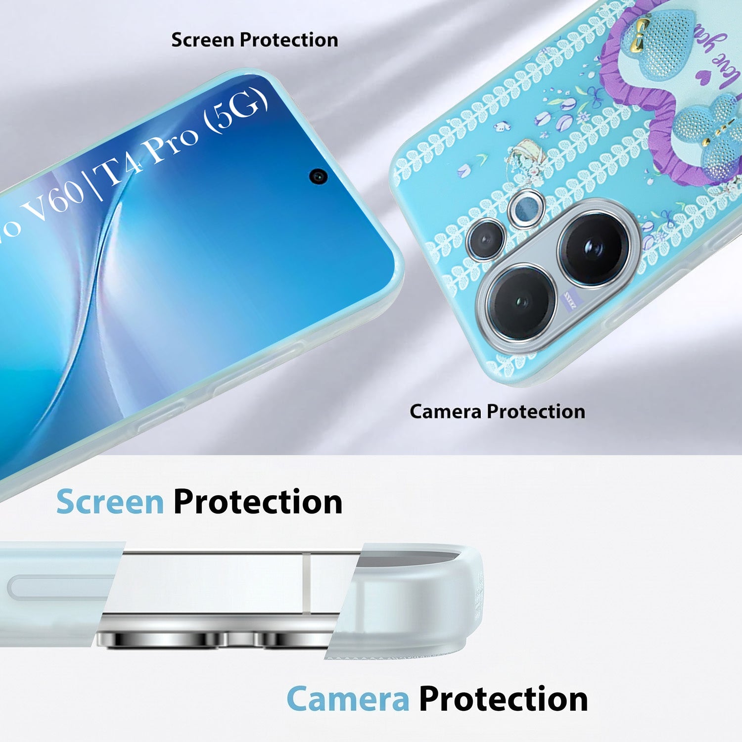 For Vivo V60 | Vivo T4 Pro Back Cover Case (3D Cute Heart Strap Holder | Camera Protection | Designer Girls Print)