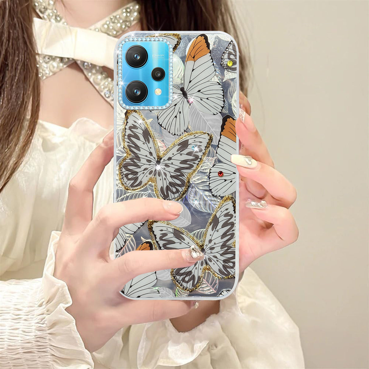 For Realme 9 Pro Back Cover Case (Luxury Floral Glitter Cute Butterfly | Diamond Studded Camera Bump | Girls & Women Design)