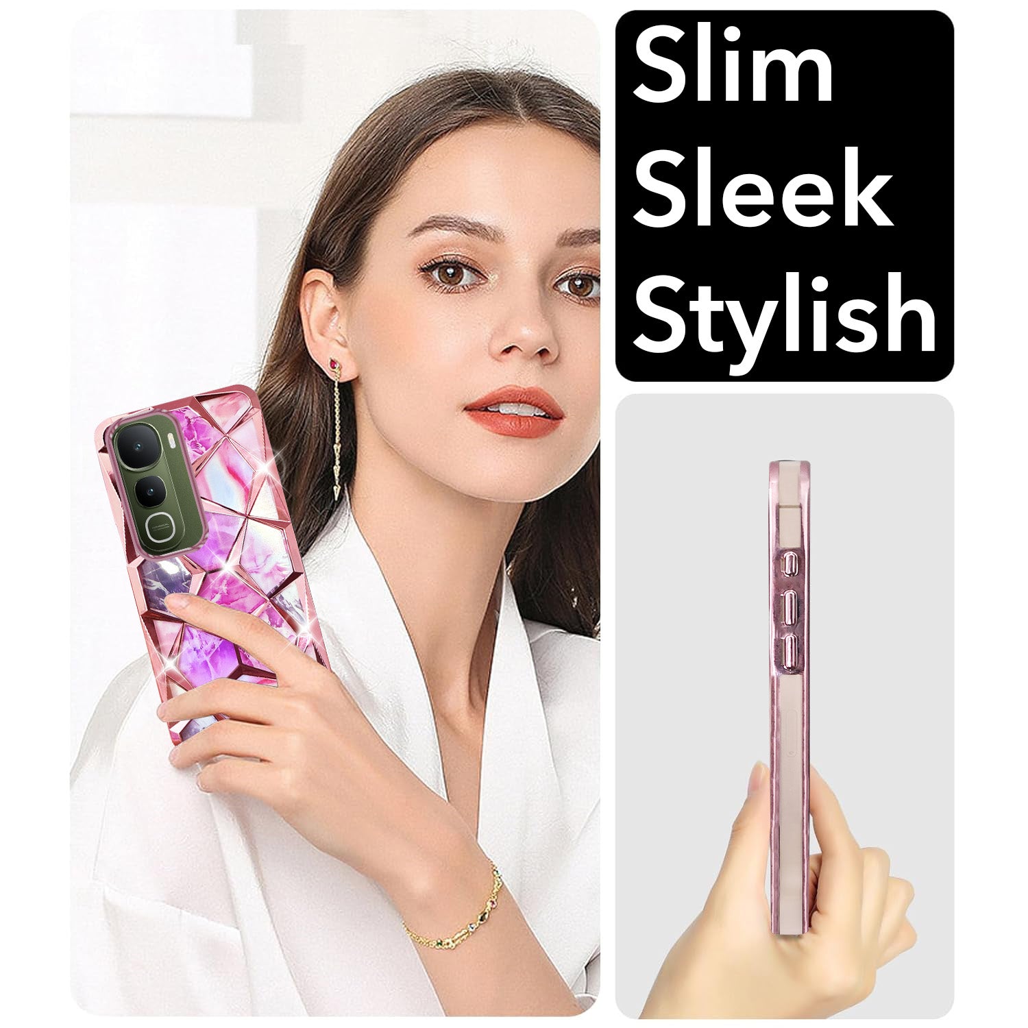 For Vivo Y400 Back Cover Case 3D Silicone Compatible (Dual Design Glitter Sparkle and Detachable Diamond Print Case | Soft and Flexible)