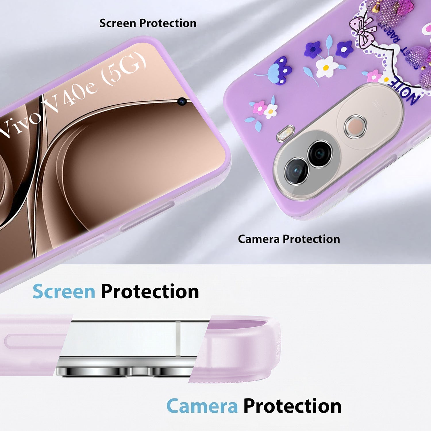For Vivo V40e Back Cover Case (3D Cute Heart Strap Holder | Camera Protection | Designer Girls Print)