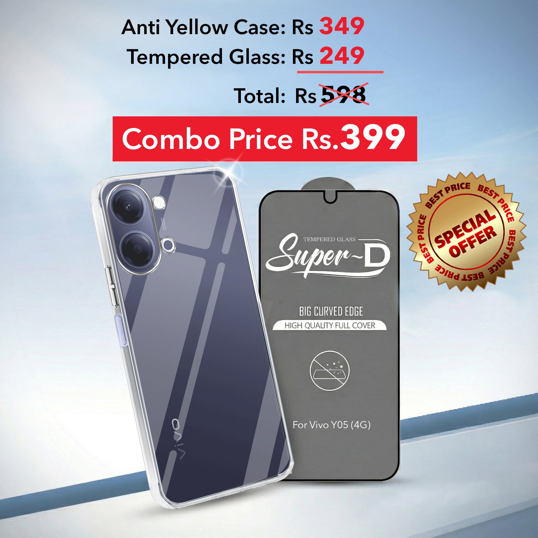 For Vivo Y05 4G Combo with Back Cover and 9H Tempered Glass (Lifetime Anti-Yellow | Sleek Hard Crystal | Oleophobic Coating Screen Glass)
