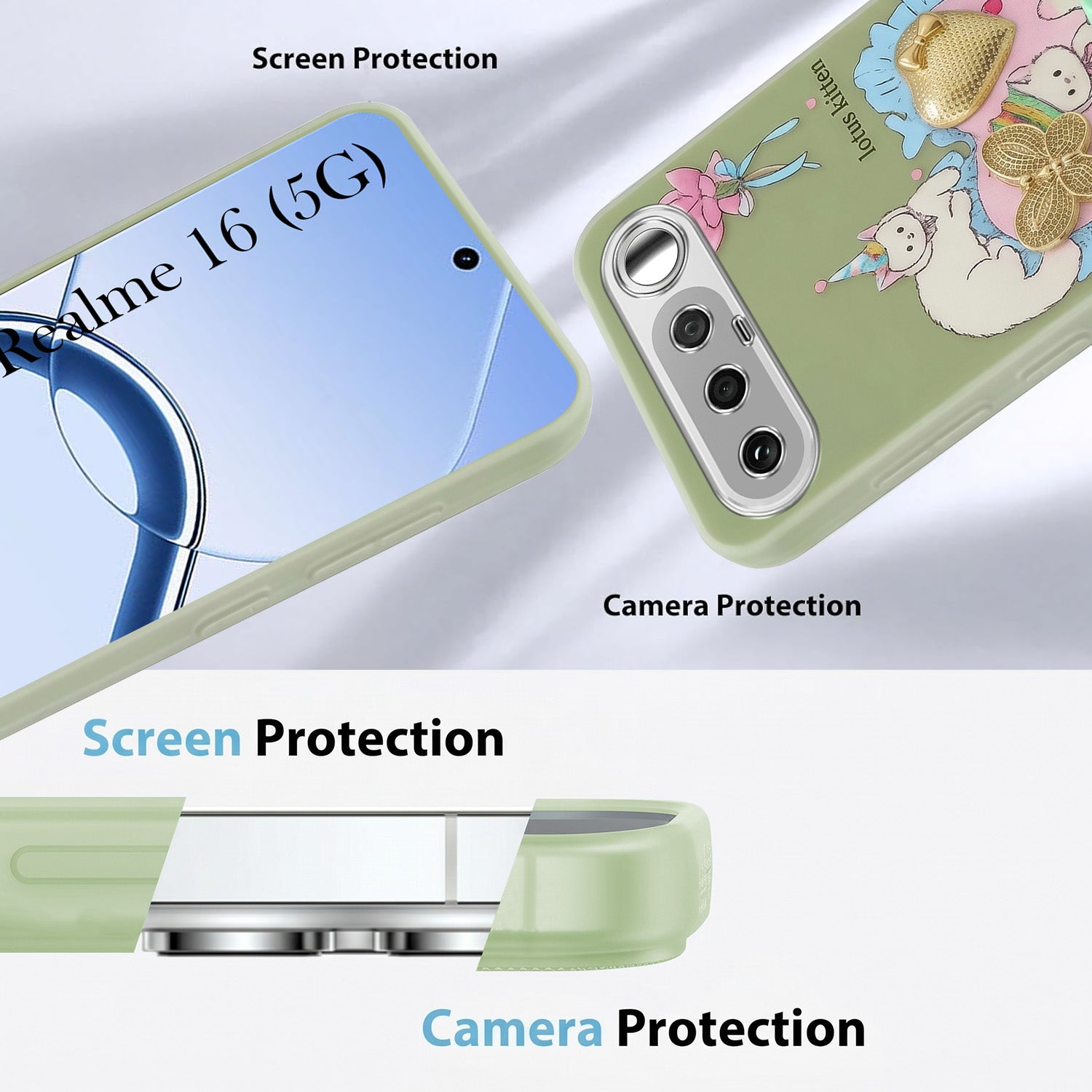 For Realme 16 Back Cover Case (3D Cute Heart Strap Holder | Camera Protection | Designer Girls Print)