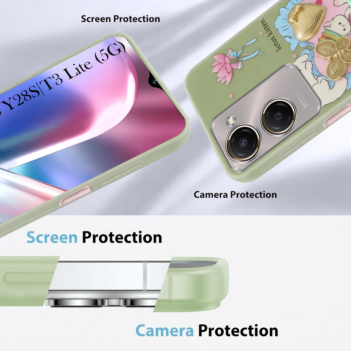 For Vivo Y28s 5G | Vivo T3 Lite 5G Back Cover Case (3D Cute Heart Strap Holder | Camera Protection | Designer Girls Print)