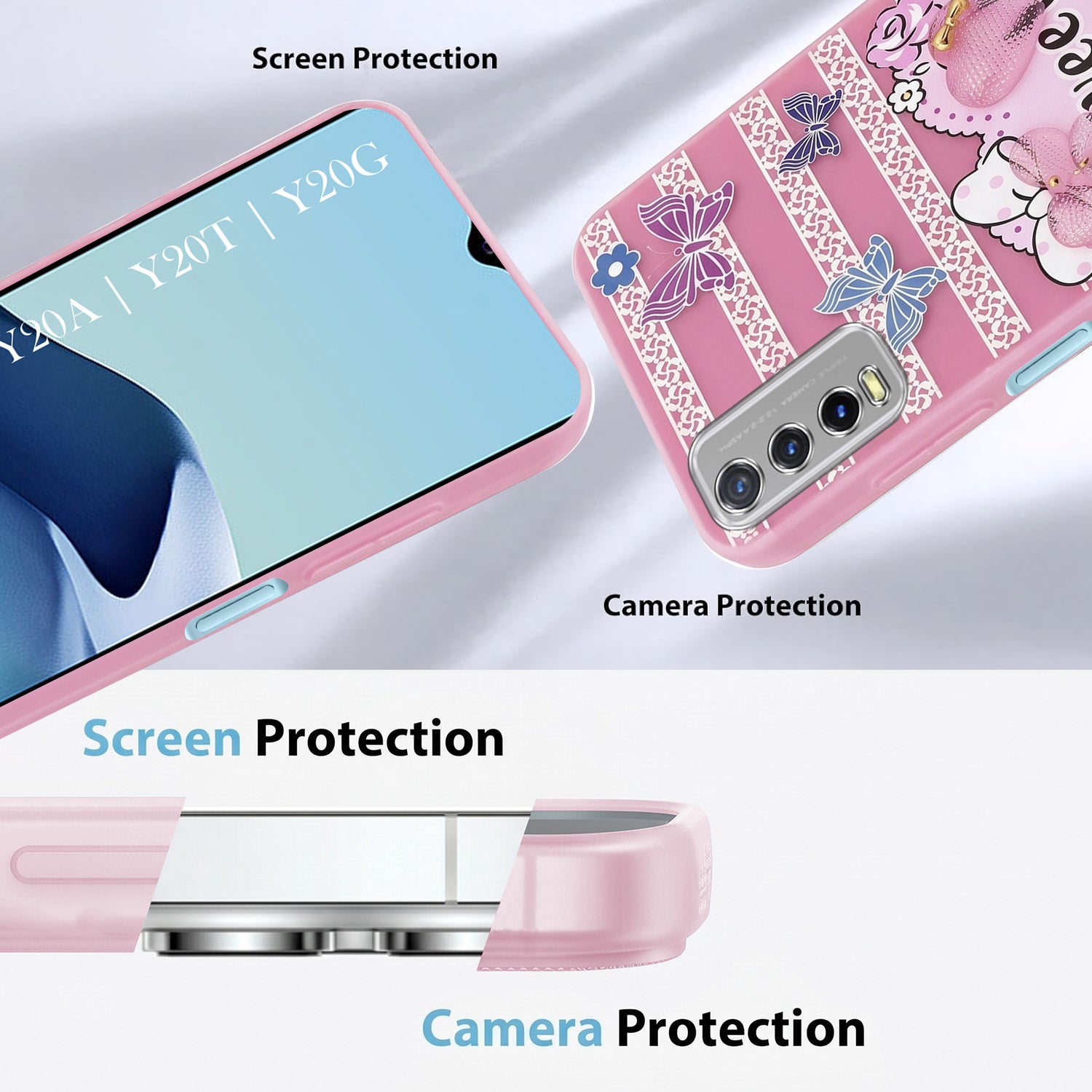 For Vivo Y20A | Y20T | Y20G Back Cover Case (3D Cute Heart Strap Holder | Camera Protection | Designer Girls Print)