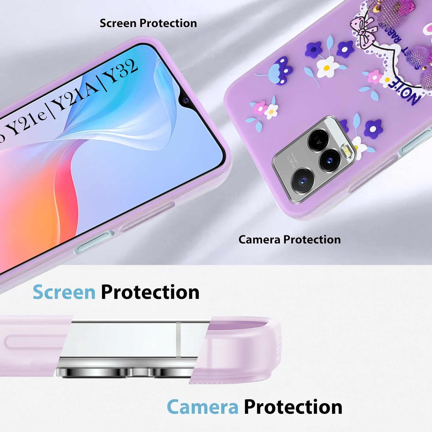 For Vivo Y21e | Vivo Y21A | Vivo Y32 Back Cover Case (3D Cute Heart Strap Holder | Camera Protection | Designer Girls Print)