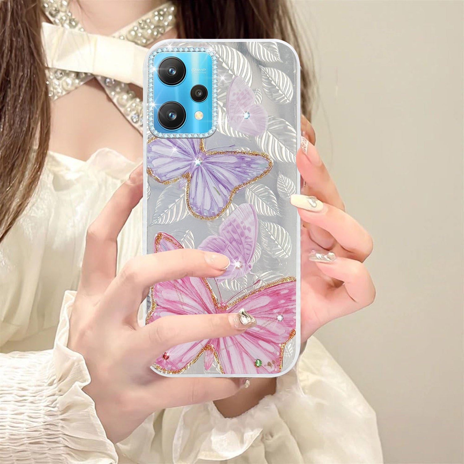 For Realme 9 Pro Back Cover Case (Luxury Floral Glitter Cute Butterfly | Diamond Studded Camera Bump | Girls & Women Design)