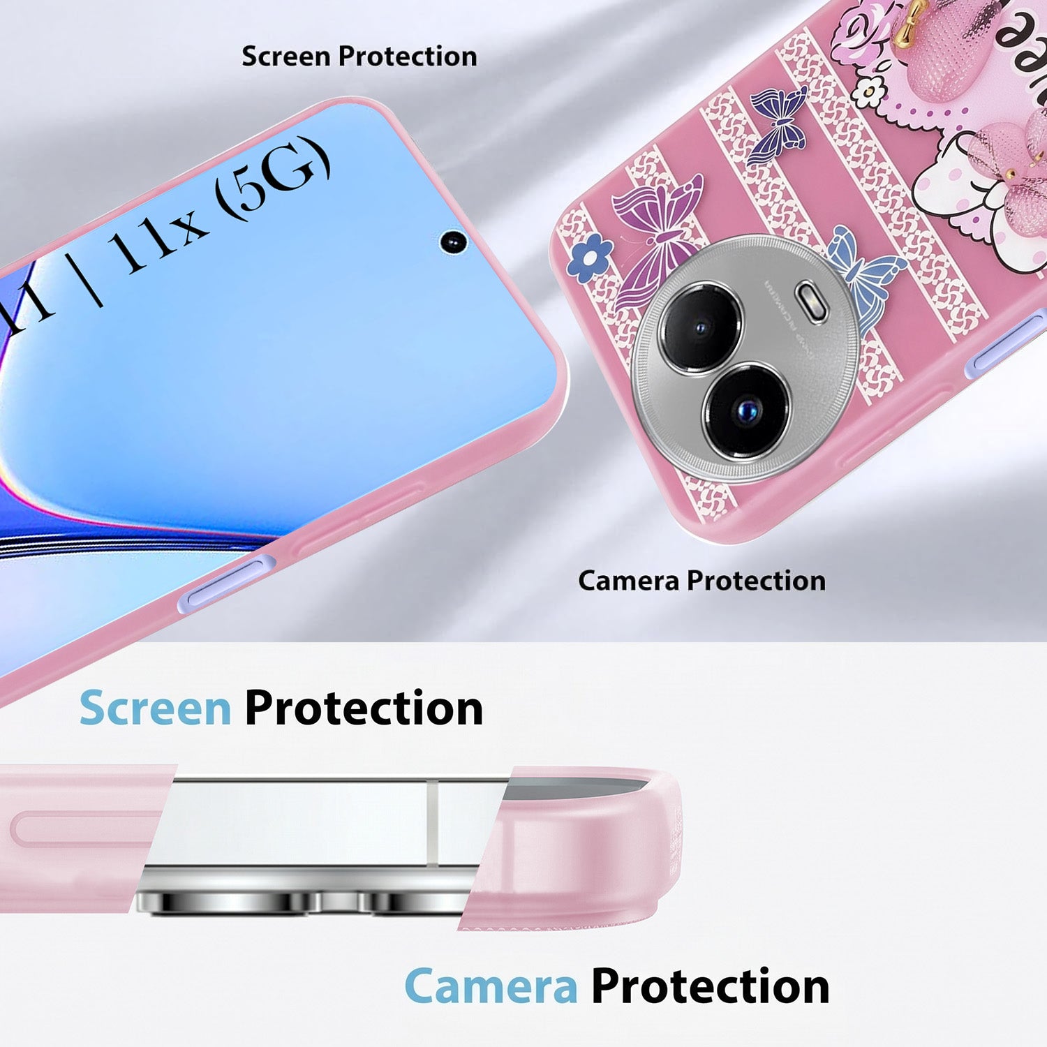 For Realme 11 5G | Realme 11x 5G Back Cover Case (3D Cute Heart Strap Holder | Camera Protection | Designer Girls Print)