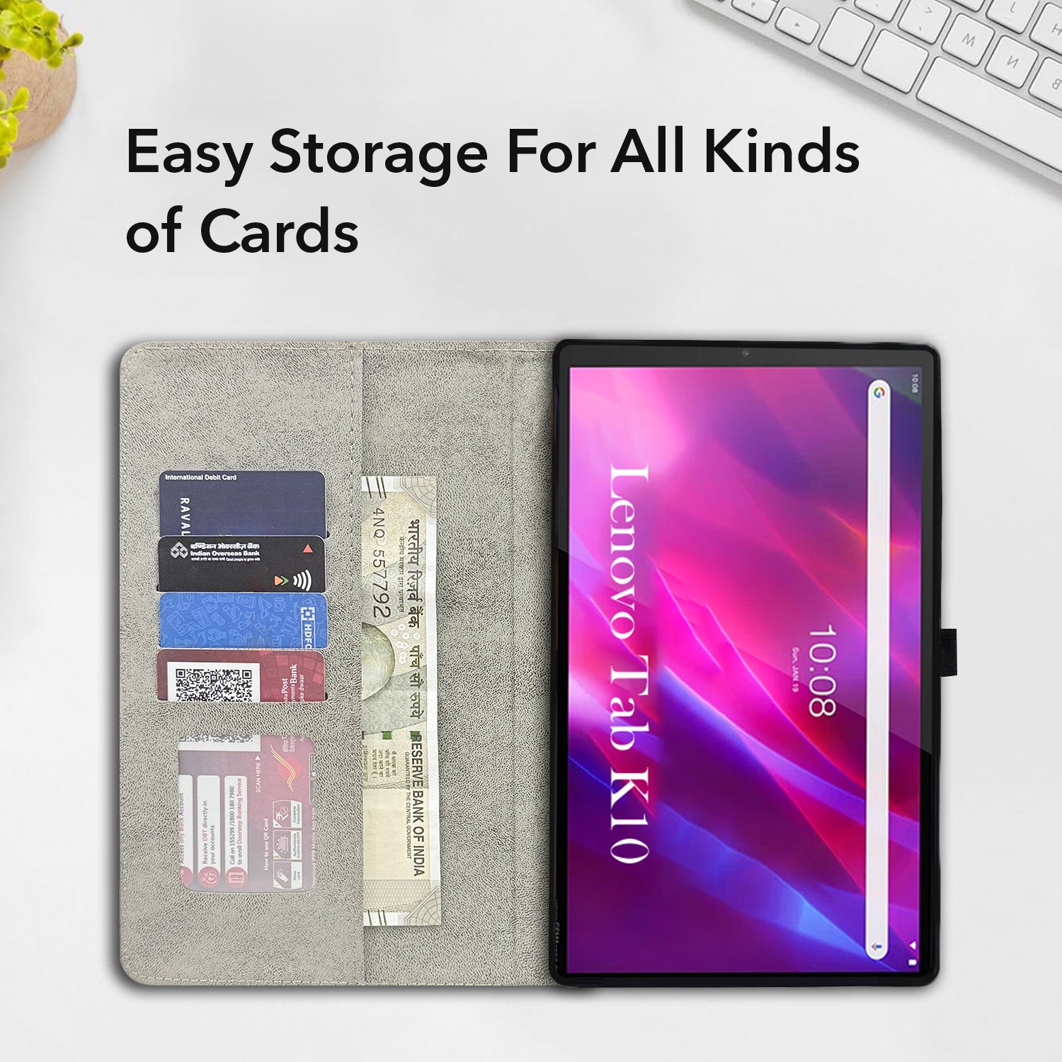 For Flip Cover Folio Case  Lenovo Tab K10 10 Inch TB-X6C6F / X6C6X  (PU Leather | Multi-Angle Smart Stand | Card Storage Slots | Silicone Back Pouch)