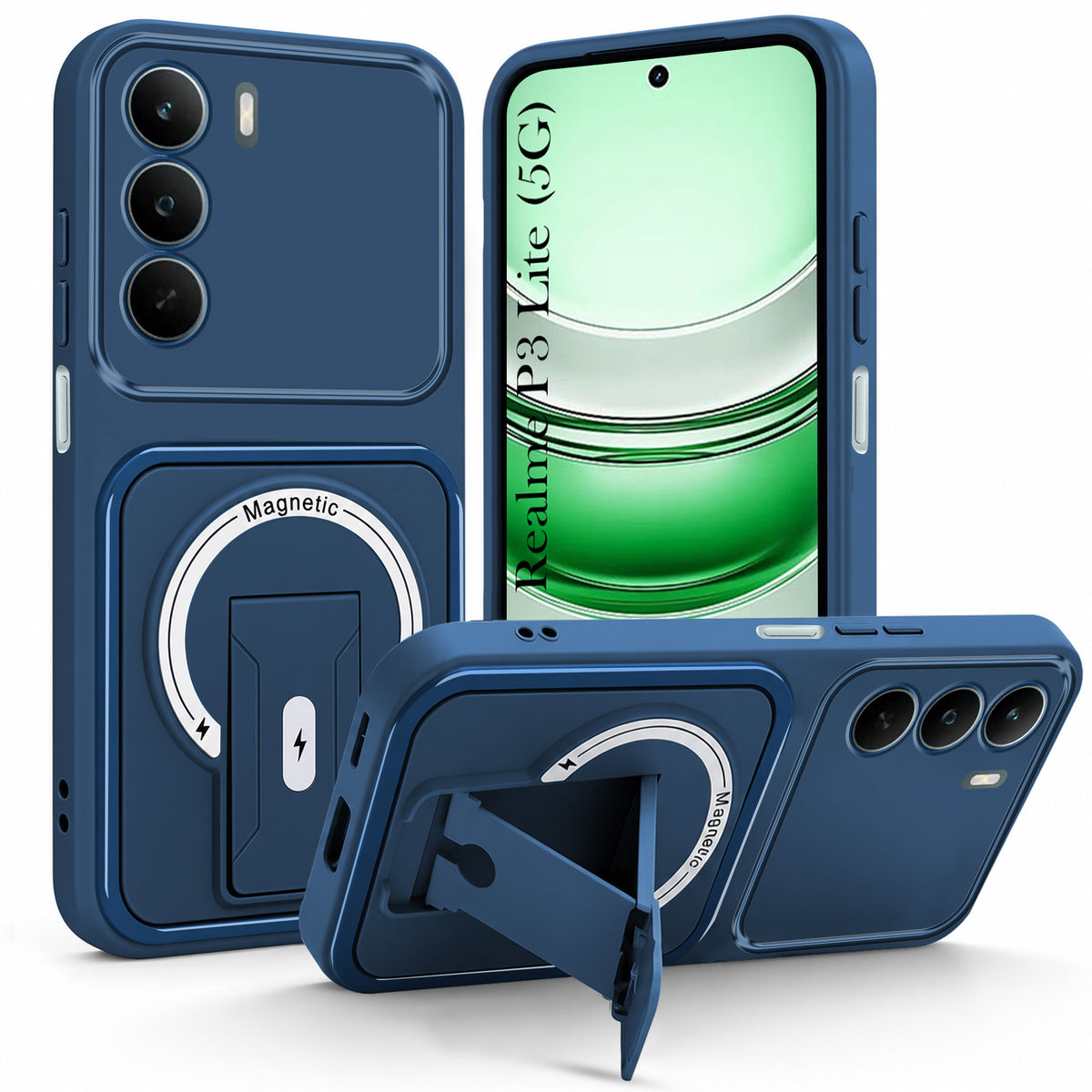 For Realme P3 Lite Back Case Cover Metallic (Hybrid Armor Kickstand | MagSafe Compatible | Camera Protection Shockproof)