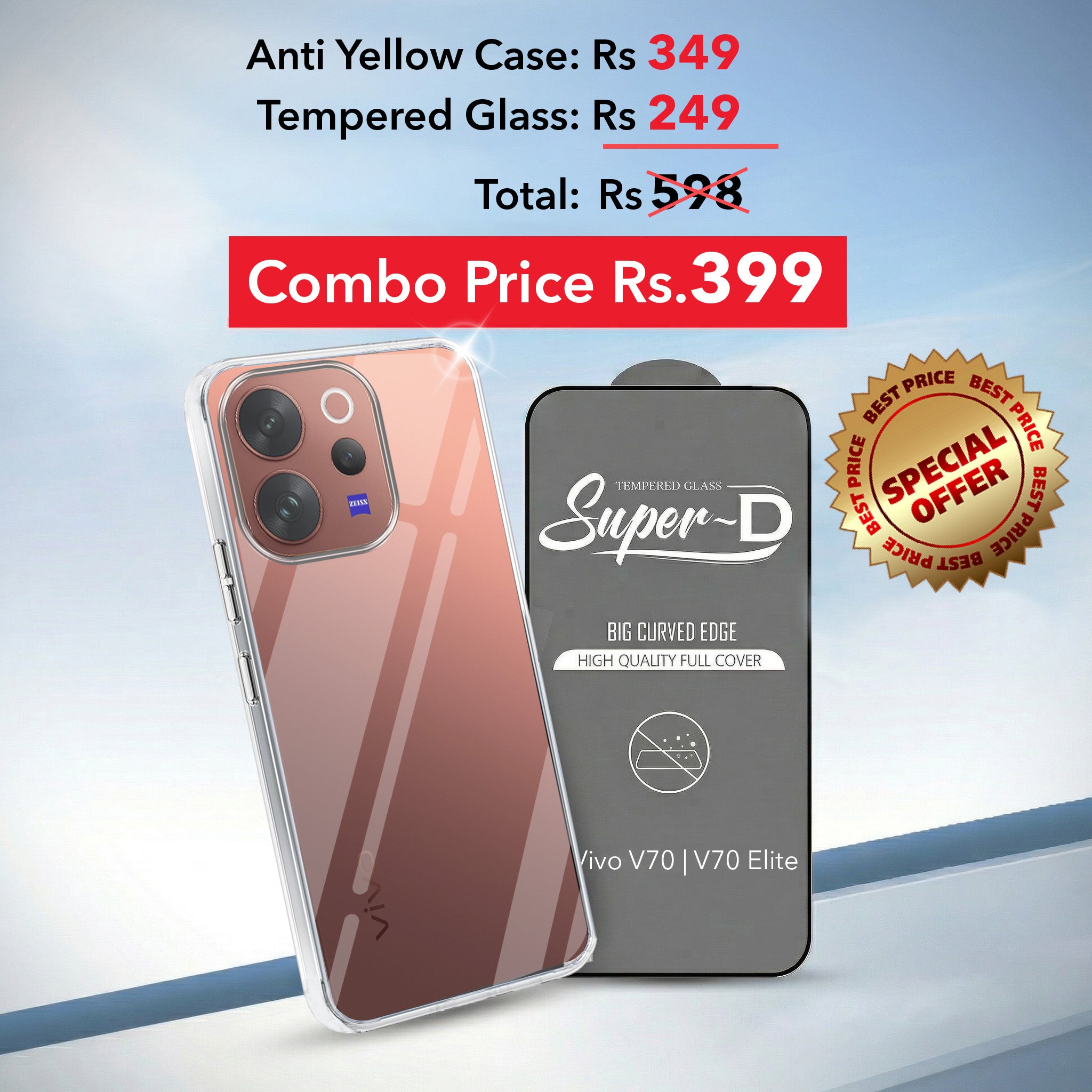 For Vivo V70 | Vivo V70 Elite 5G Combo with Back Cover and 9H Tempered Glass (Lifetime Anti-Yellow | Sleek Hard Crystal | Oleophobic Coating Screen Glass)