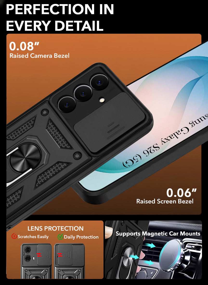 For Samsung Galaxy S26 5G Back Cover Case Hybrid Armor (Sliding Shutter Camera Protection | Polycarbonate |Ring Holder Kickstand)