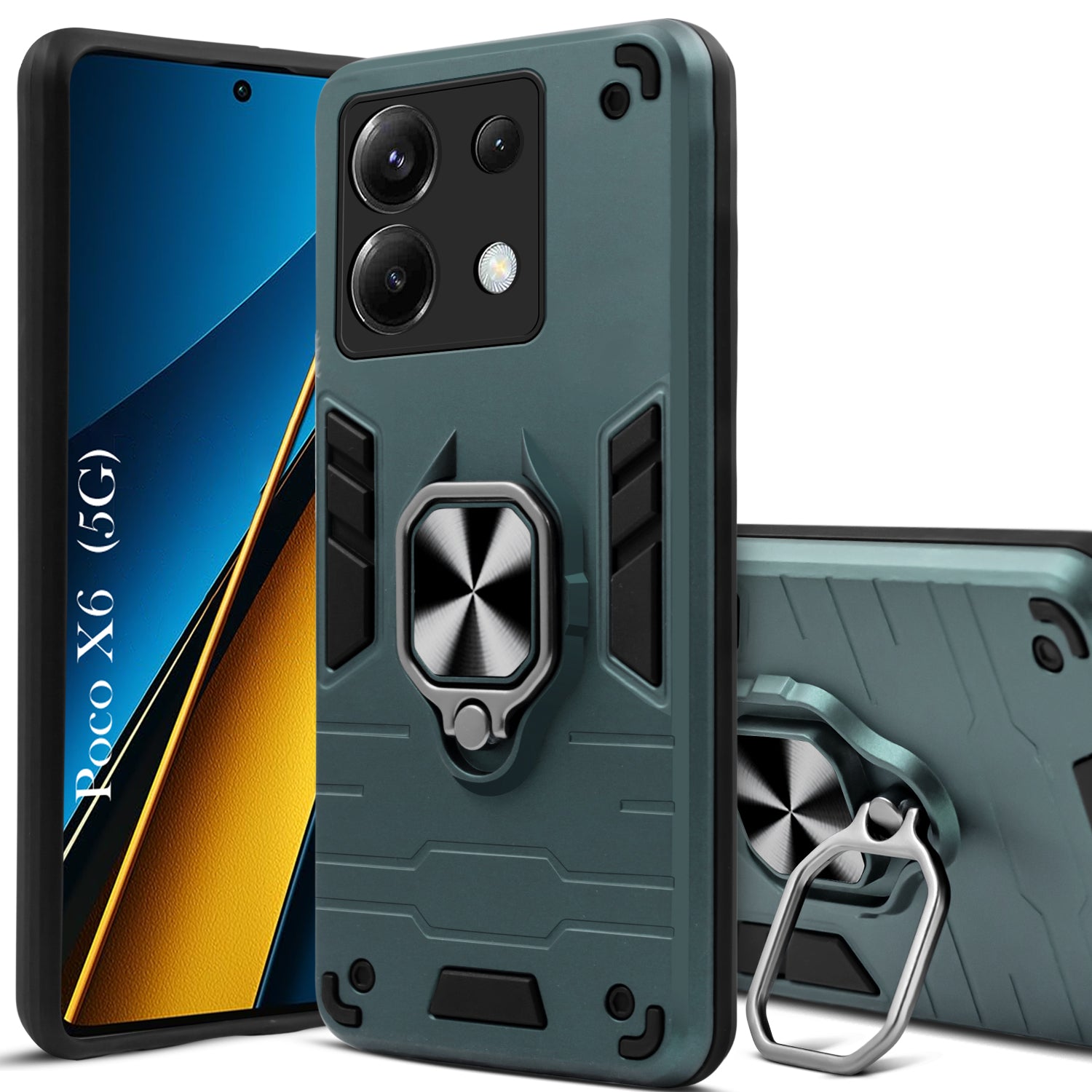 For Poco X6 5G Back Cover Case Hybrid Armor (Shockproof Dual Layer Polycarbonate |Ring Holder Kickstand)