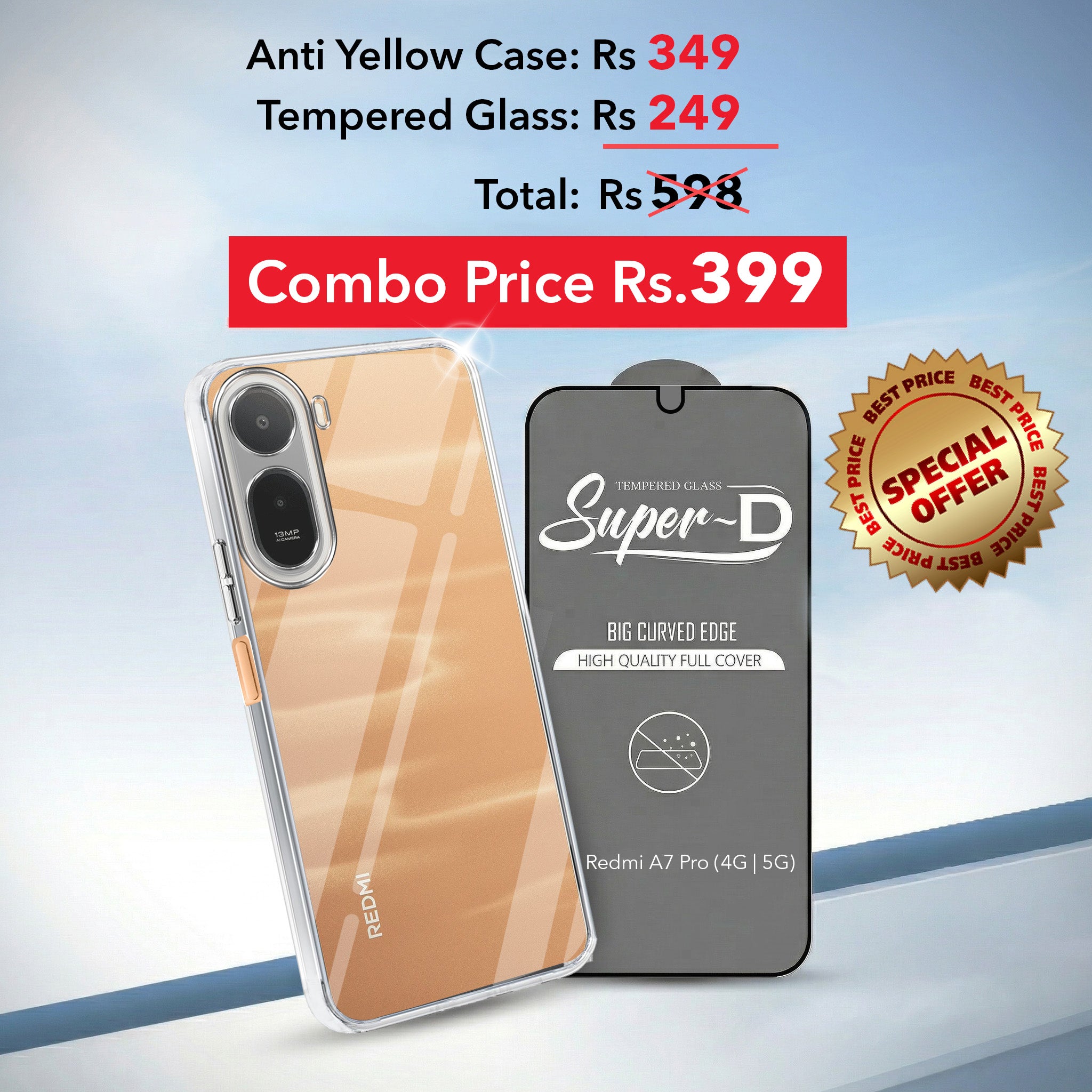 For Redmi A7 Pro 5G Combo with Back Cover and 9H Tempered Glass (Lifetime Anti-Yellow | Sleek Hard Crystal | Oleophobic Coating Screen Glass)